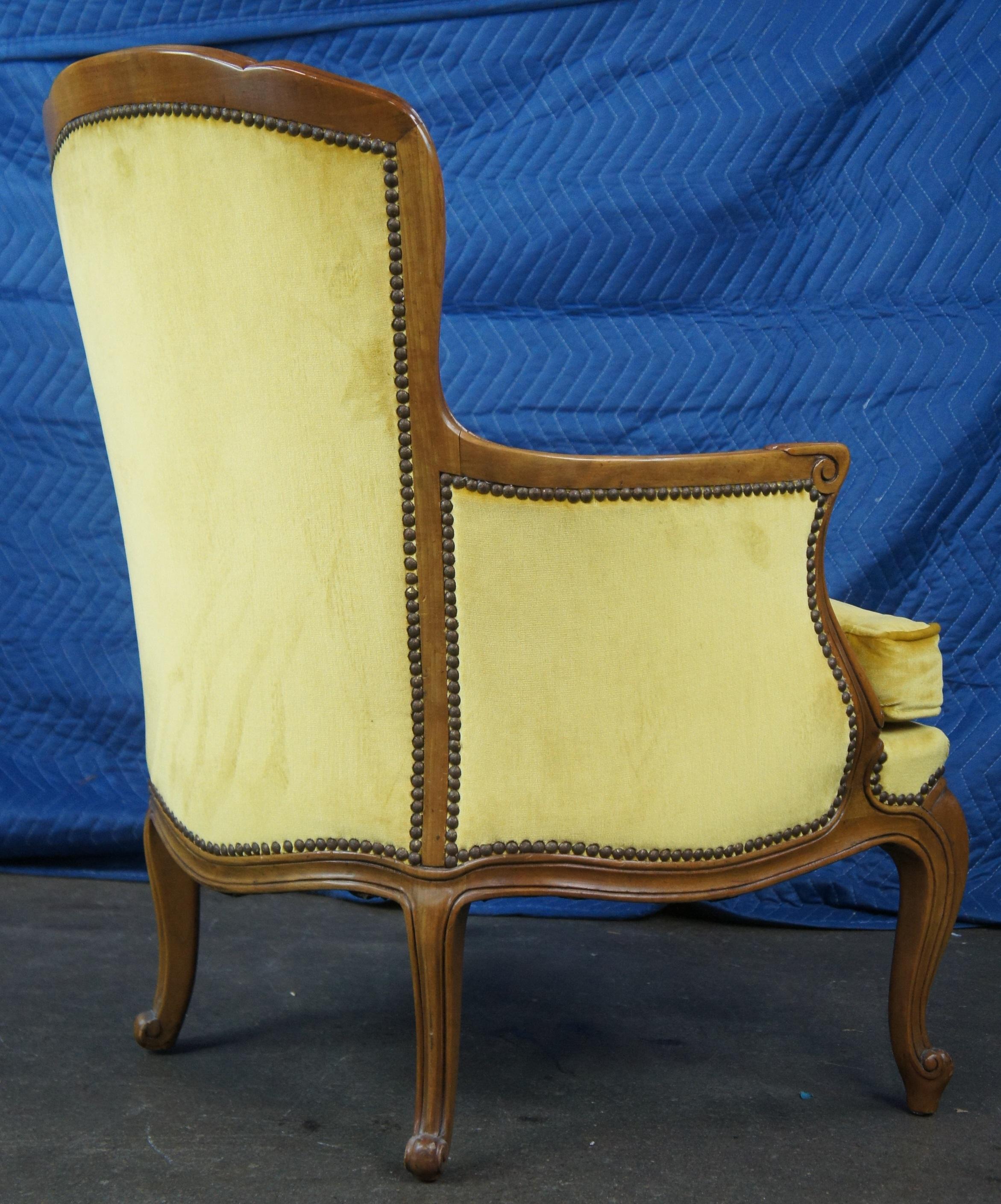 20th Century Baker French Louis XV Walnut Serpentine Bergere Club Lounge Arm Chairs Velvet