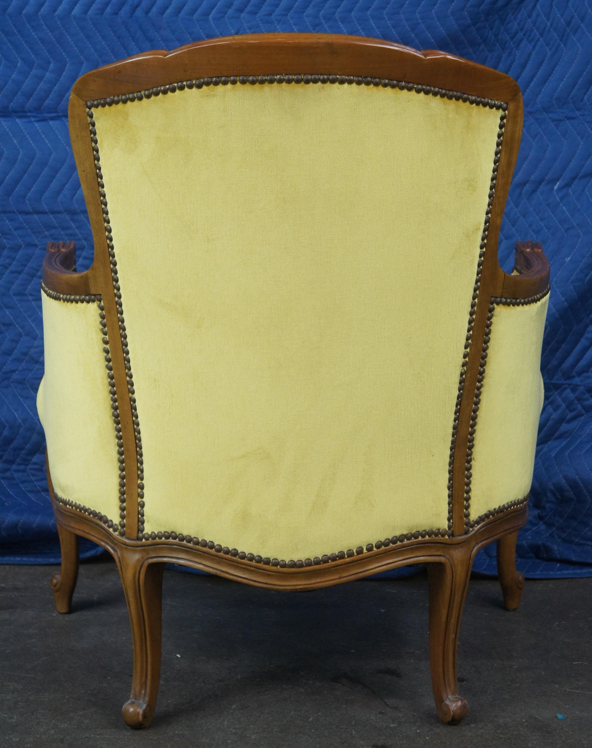Baker French Louis XV Walnut Serpentine Bergere Club Lounge Arm Chairs Velvet 1