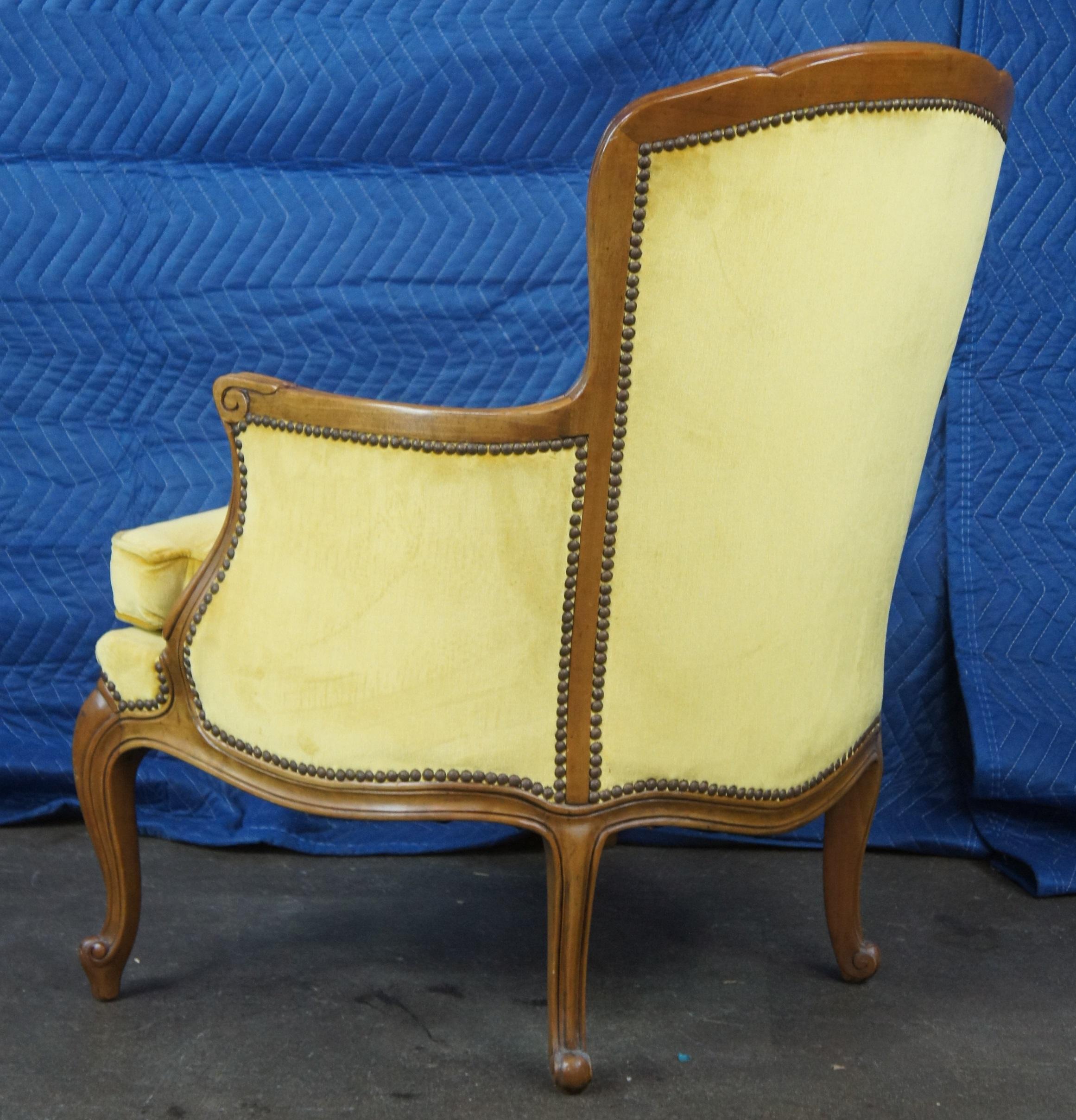 Baker French Louis XV Walnut Serpentine Bergere Club Lounge Arm Chairs Velvet 2