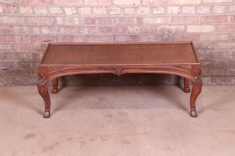 American Baker French Provincial Louis XV Burled Walnut Coffee Table, Newly Refinished For Sale