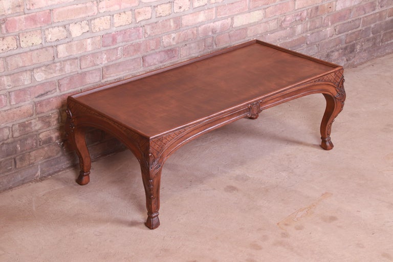 20th Century Baker French Provincial Louis XV Burled Walnut Coffee Table, Newly Refinished For Sale