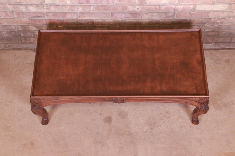Baker French Provincial Louis XV Burled Walnut Coffee Table, Newly Refinished For Sale 2