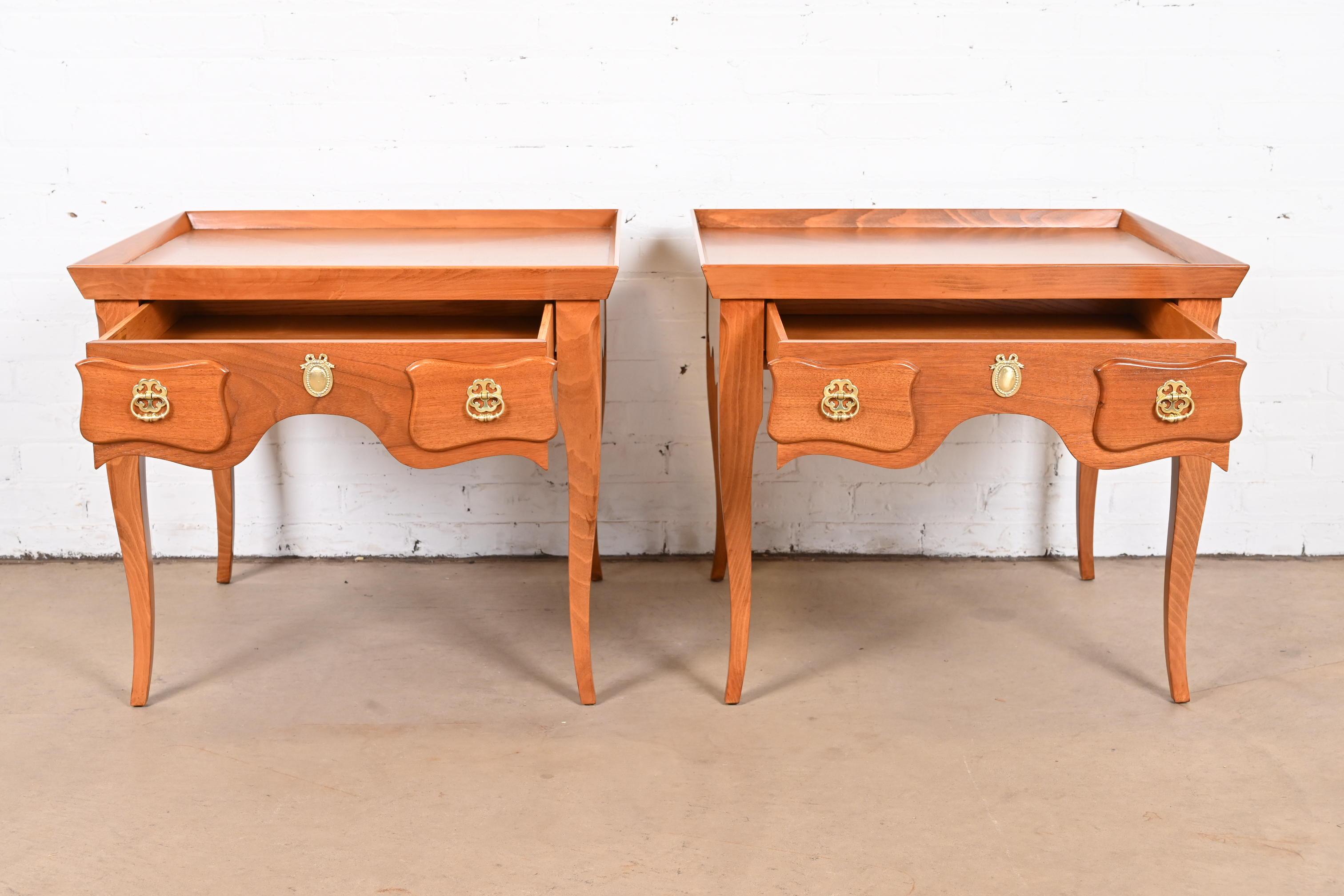 Brass Baker French Provincial Louis XV Cherry Nightstands or Side Tables, Refinished For Sale