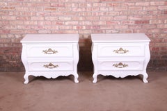 Baker French Provincial Louis XV White Lacquered Nightstands, Newly Refinished