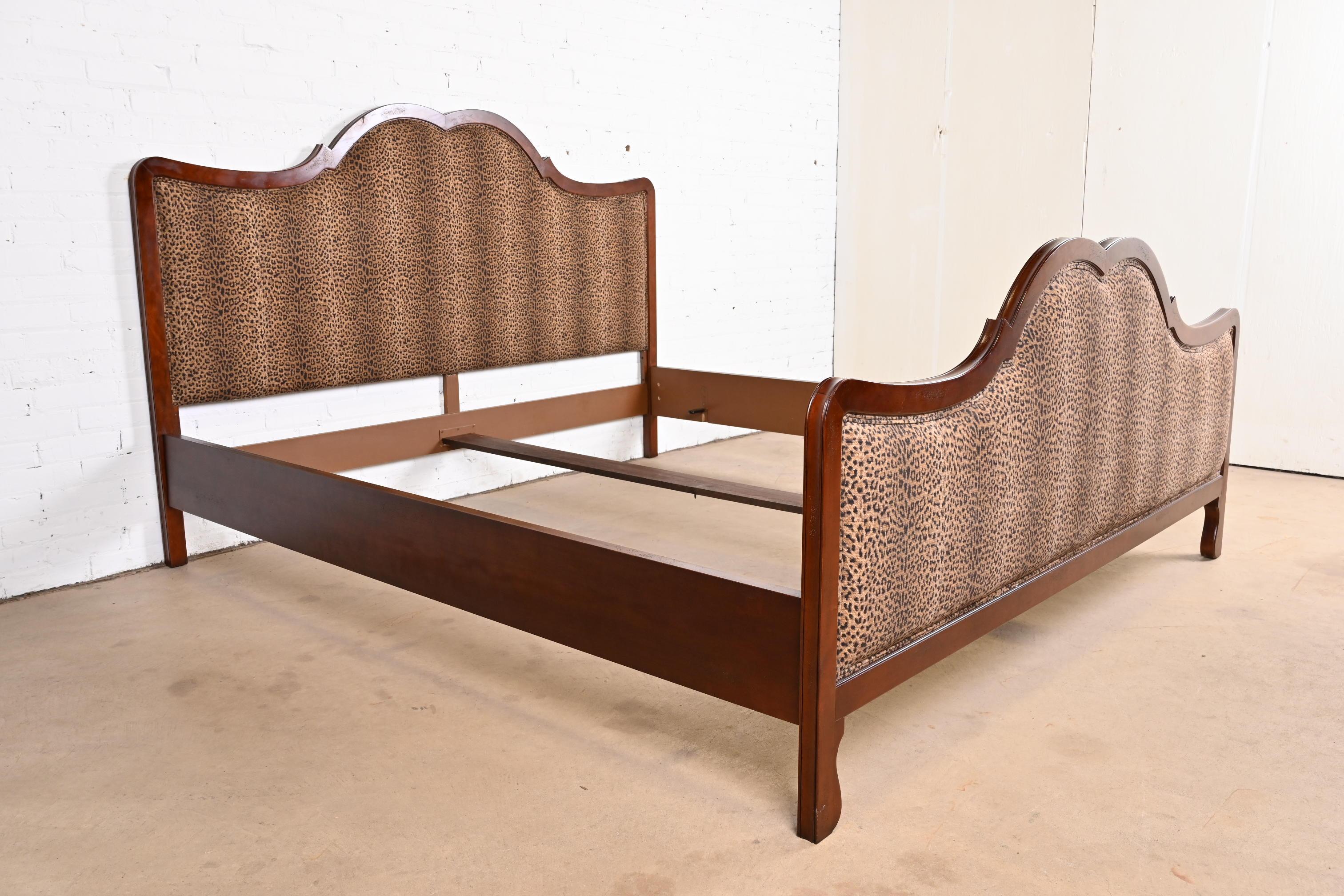 Baker French Provincial Mahogany and Leopard Print Upholstered King Size Bed In Good Condition In South Bend, IN