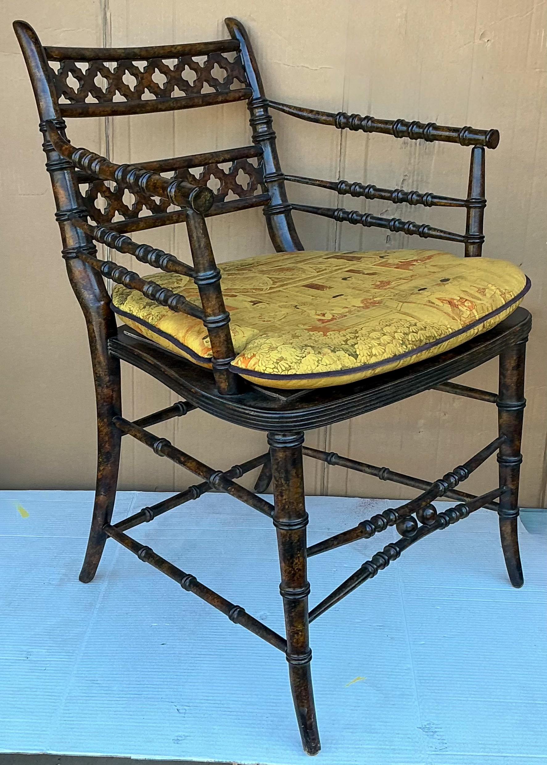 American Baker Furn. Regency Style Faux Bamboo & Tortoise Chinoiserie Desk Bergere Chair