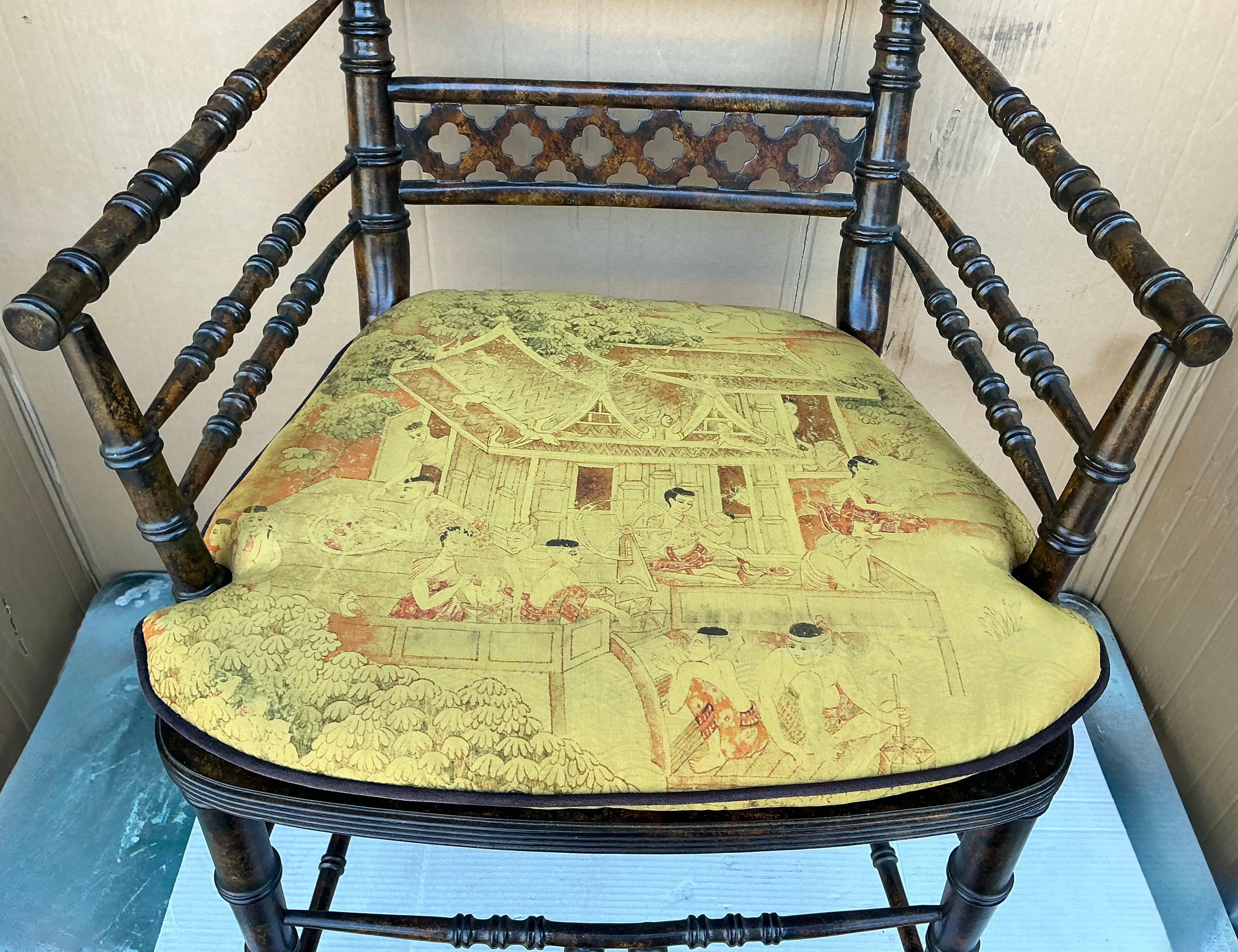 Upholstery Baker Furn. Regency Style Faux Bamboo & Tortoise Chinoiserie Desk Bergere Chair
