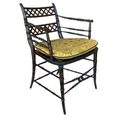 Baker Furn. Regency Style Faux Bamboo & Tortoise Chinoiserie Desk Bergere Chair