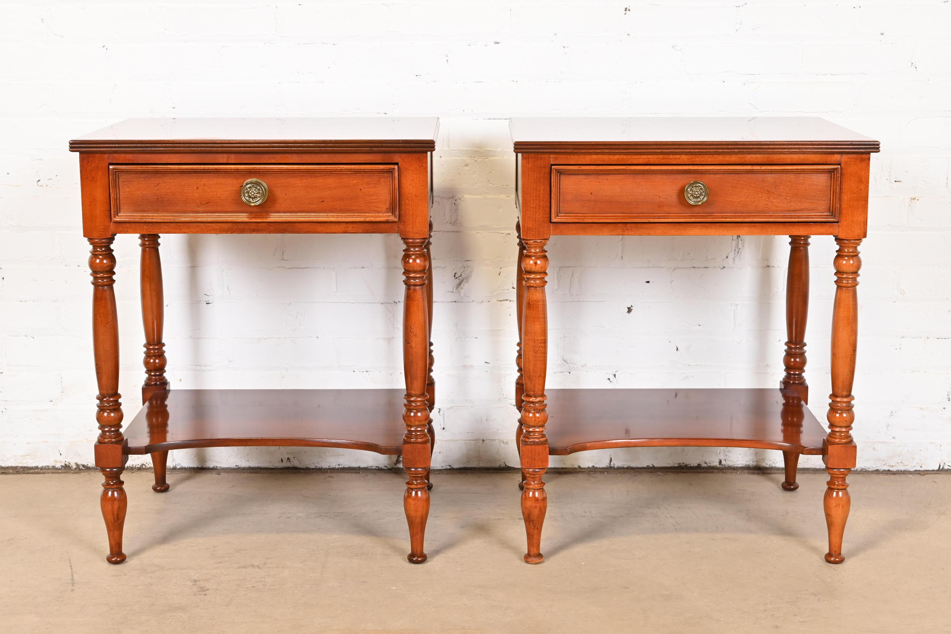 Baker Furniture American Colonial Carved Cherry Wood Nightstands, Pair In Good Condition For Sale In South Bend, IN