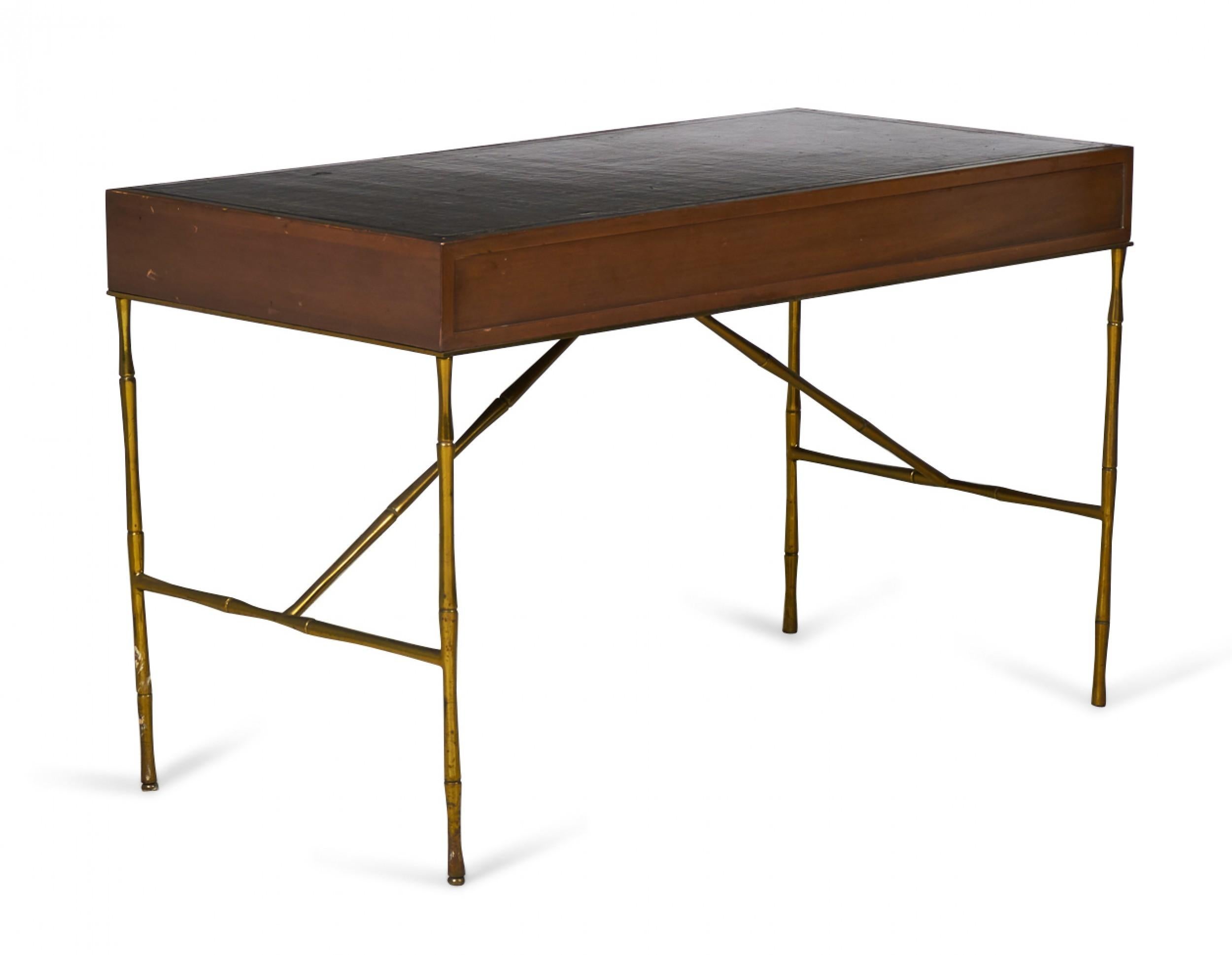 Mid-Century Modern Baker Furniture American Mid-Century Walnut, Leather, and Brass Faux Bamboo Desk For Sale