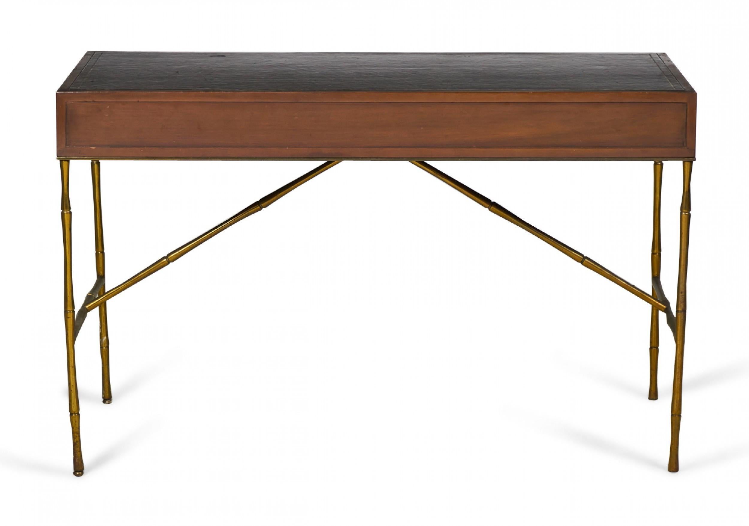 Baker Furniture American Mid-Century Walnut, Leather, and Brass Faux Bamboo Desk In Good Condition For Sale In New York, NY