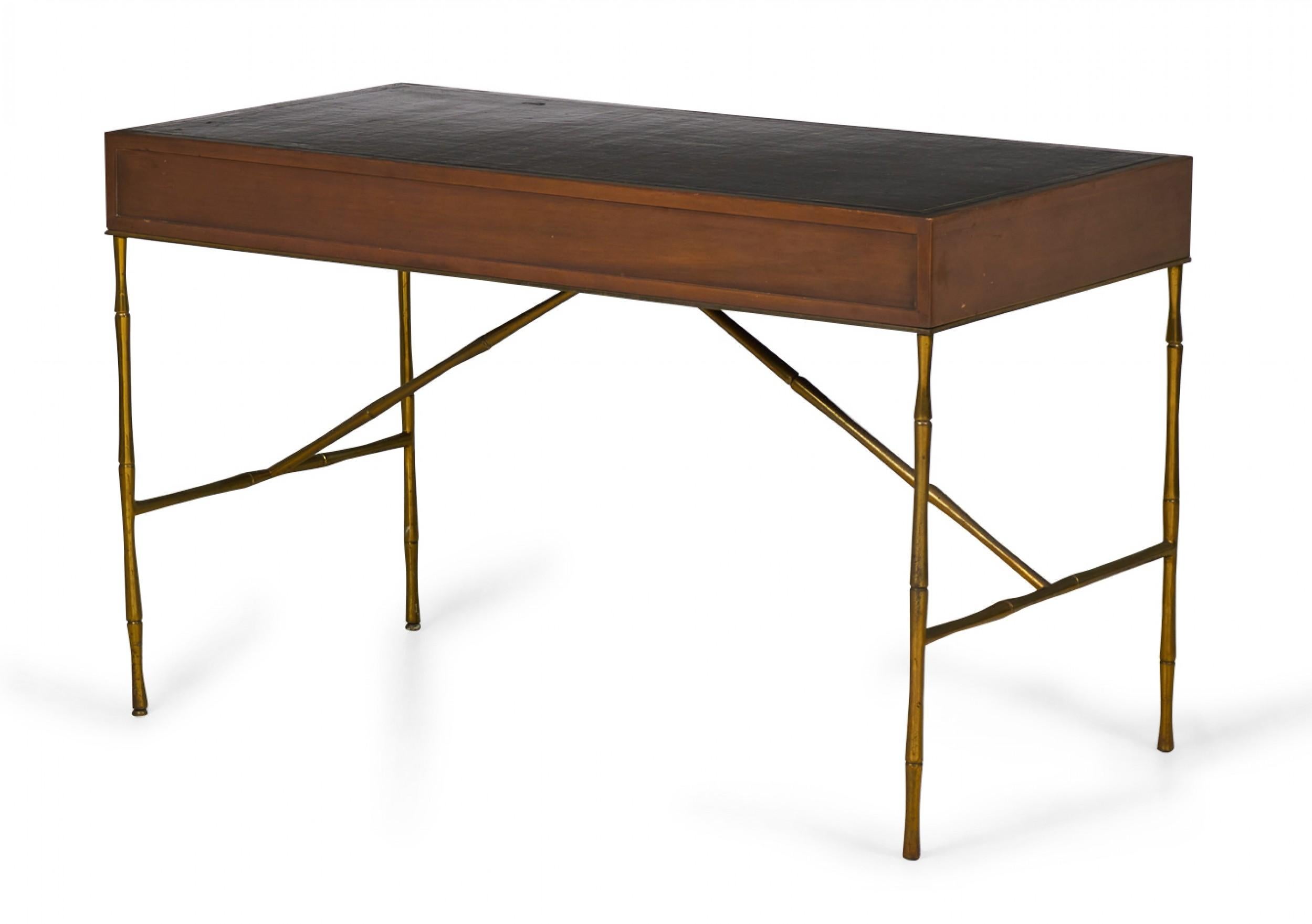 20th Century Baker Furniture American Mid-Century Walnut, Leather, and Brass Faux Bamboo Desk For Sale
