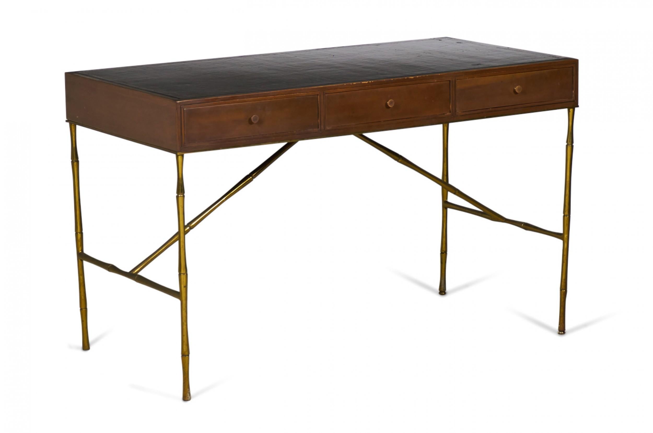 Baker Furniture American Mid-Century Walnut, Leather, and Brass Faux Bamboo Desk For Sale 1