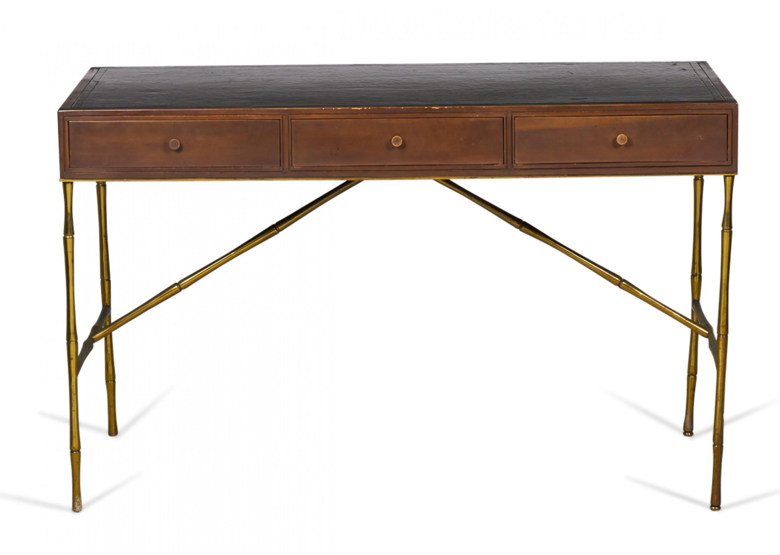 Baker Furniture American Mid-Century Walnut, Leather, and Brass Faux Bamboo Desk For Sale 2