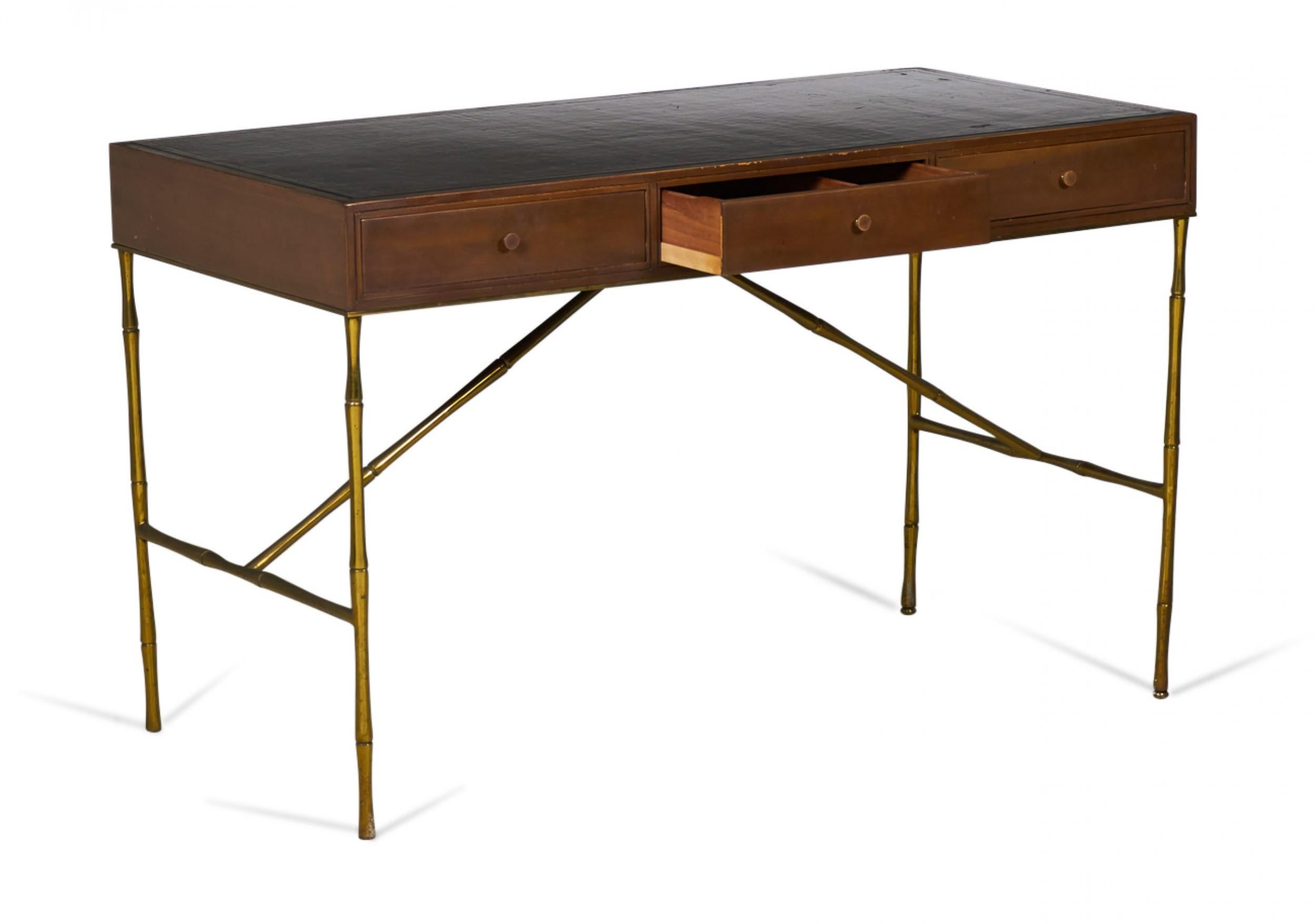 Baker Furniture American Mid-Century Walnut, Leather, and Brass Faux Bamboo Desk For Sale 3