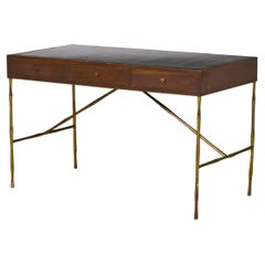 Used Baker Furniture American Mid-Century Walnut, Leather, and Brass Faux Bamboo Desk