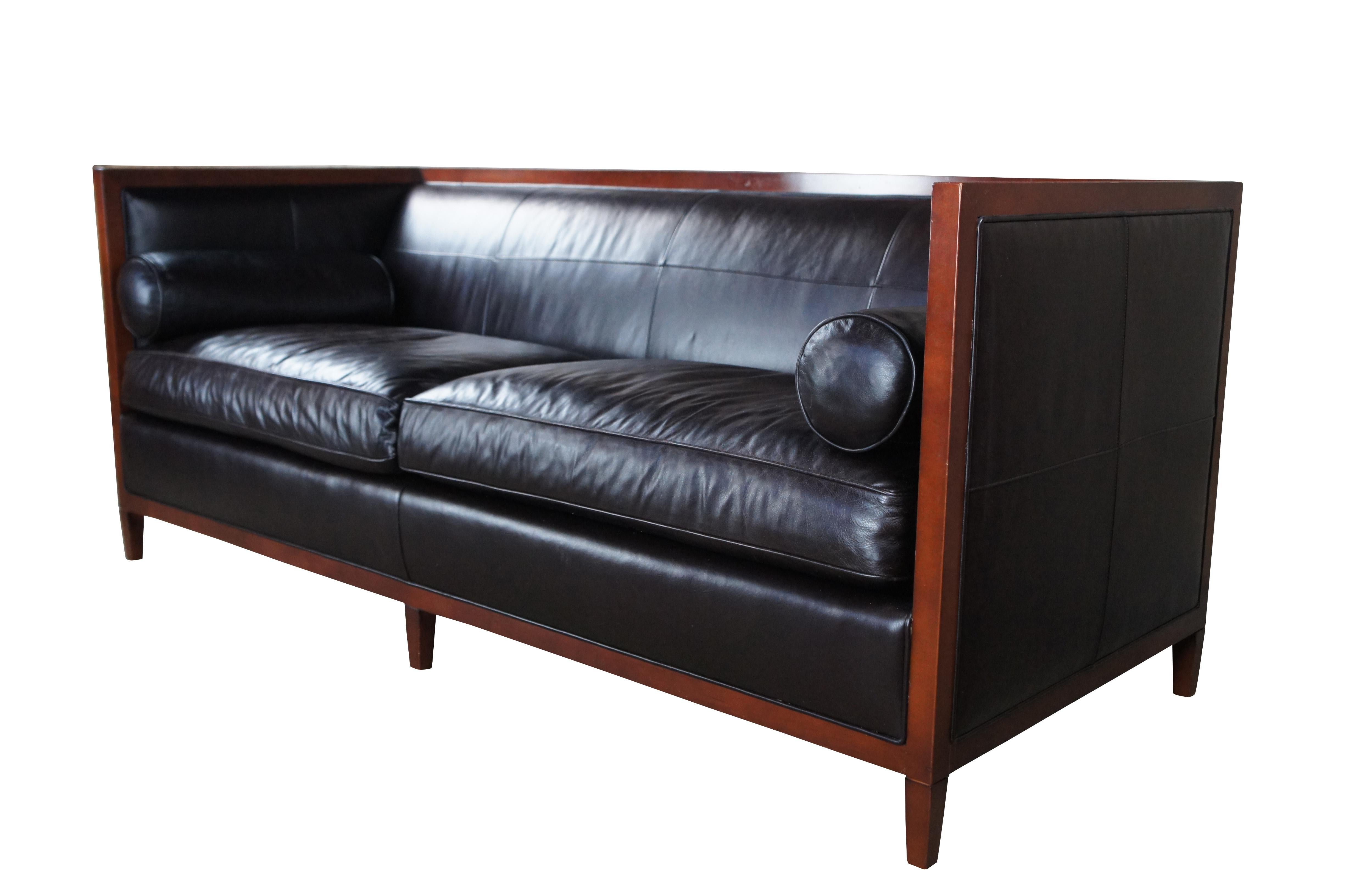 Baker Furniture Archetype Maple Wood Banded Brown Leather Modern Sofa 6370-78 In Good Condition In Dayton, OH