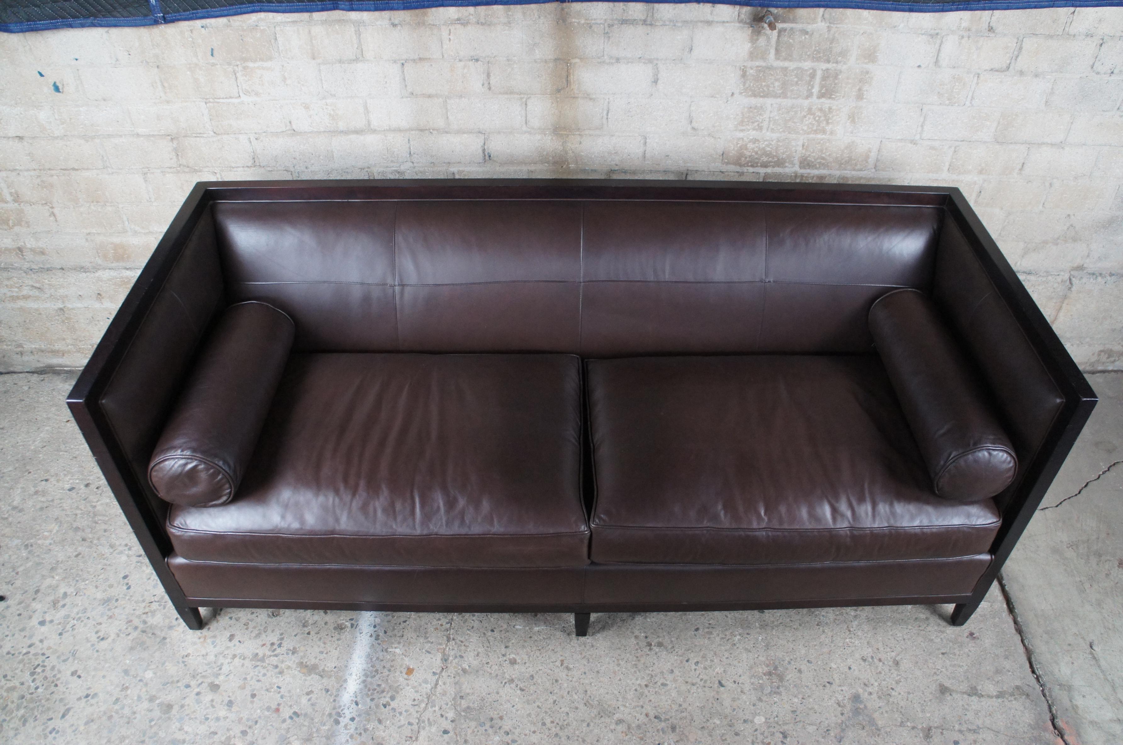 Baker Furniture Archetype Maple Wood Banded Brown Leather Modern Sofa 6370-78 In Good Condition In Dayton, OH