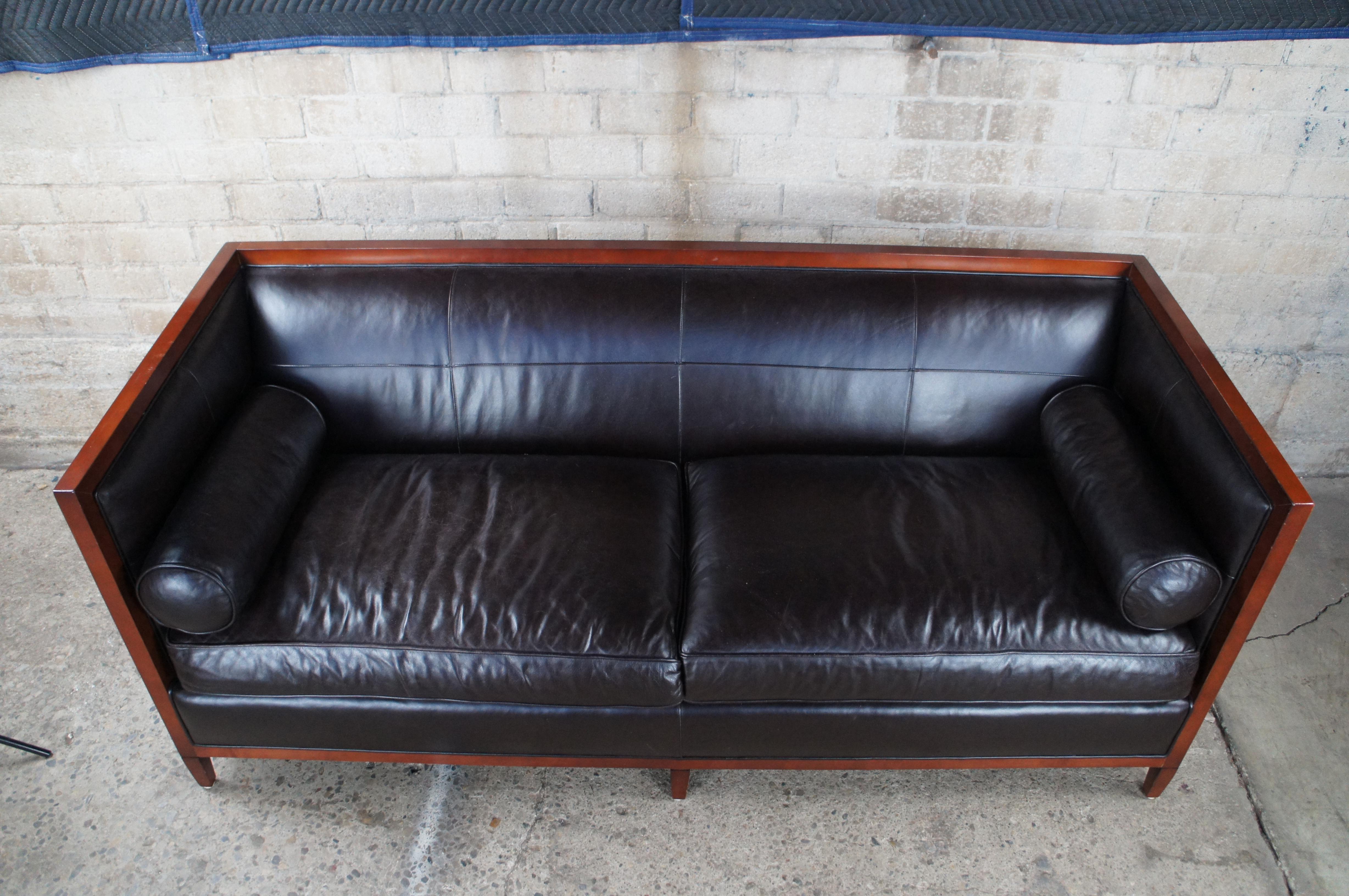 20th Century Baker Furniture Archetype Maple Wood Banded Brown Leather Modern Sofa 6370-78