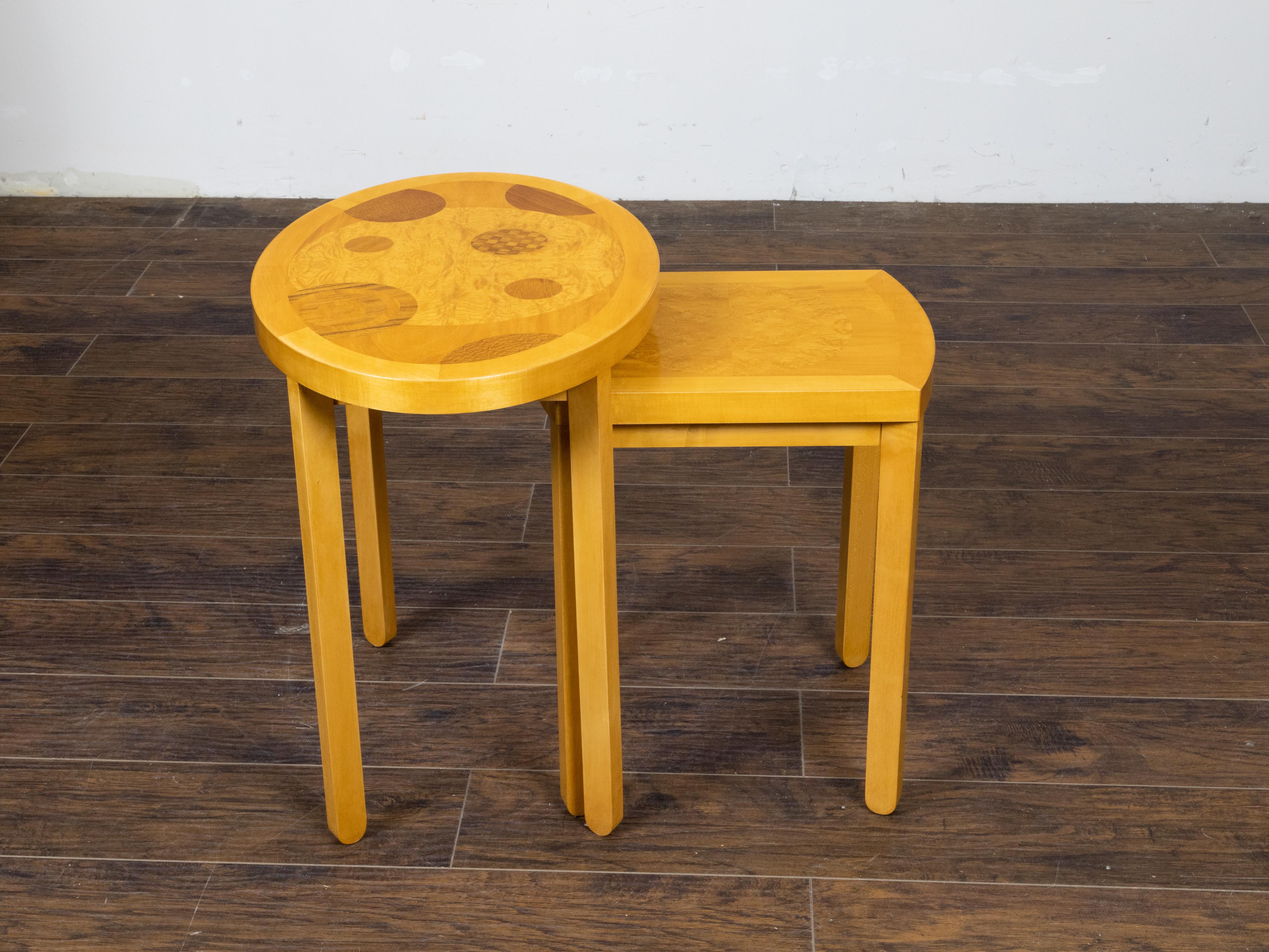 Veneer Baker Furniture Art Deco Style Nesting Tables with Whimsical Geometric Motifs For Sale