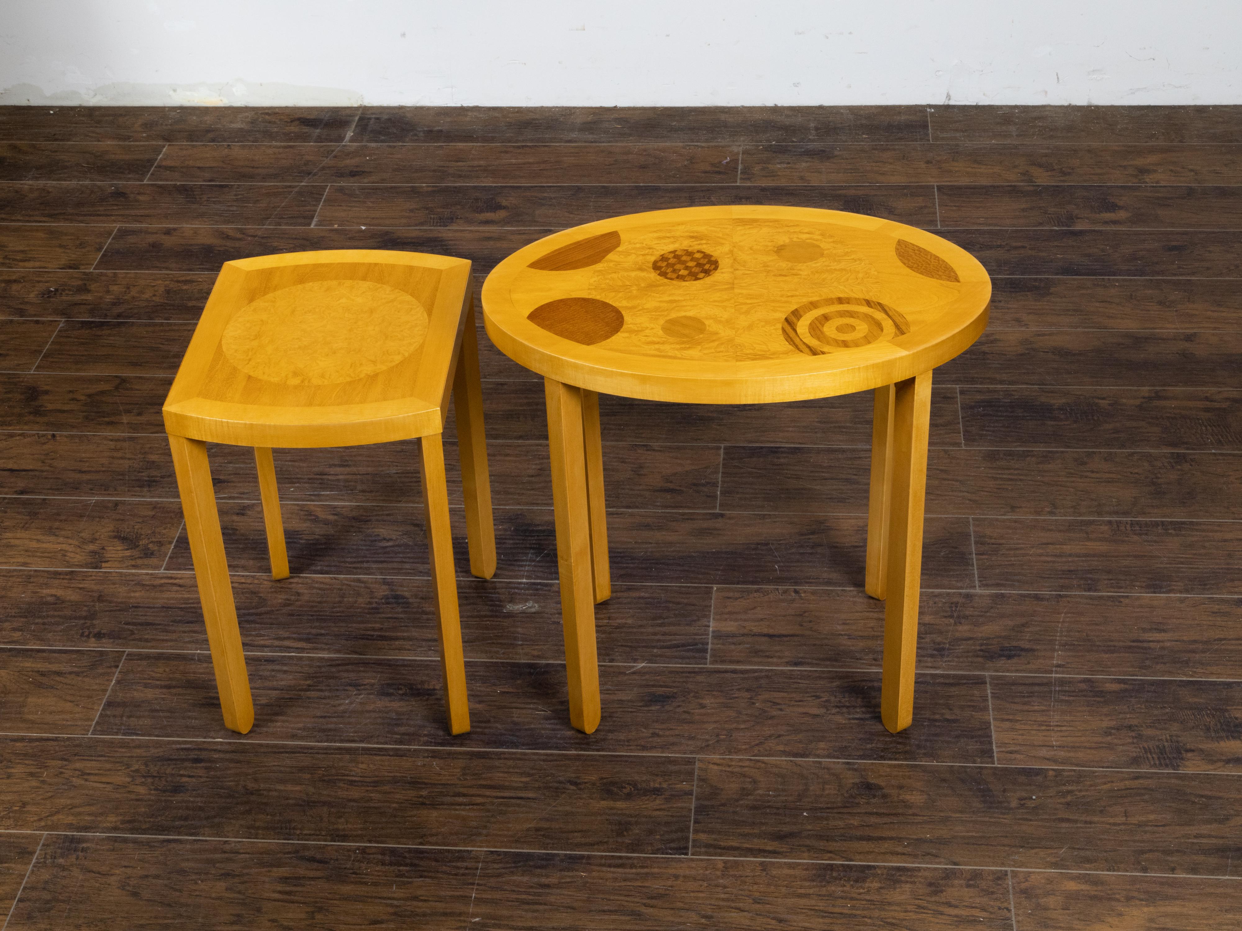 Baker Furniture Art Deco Style Nesting Tables with Whimsical Geometric Motifs In Good Condition For Sale In Atlanta, GA