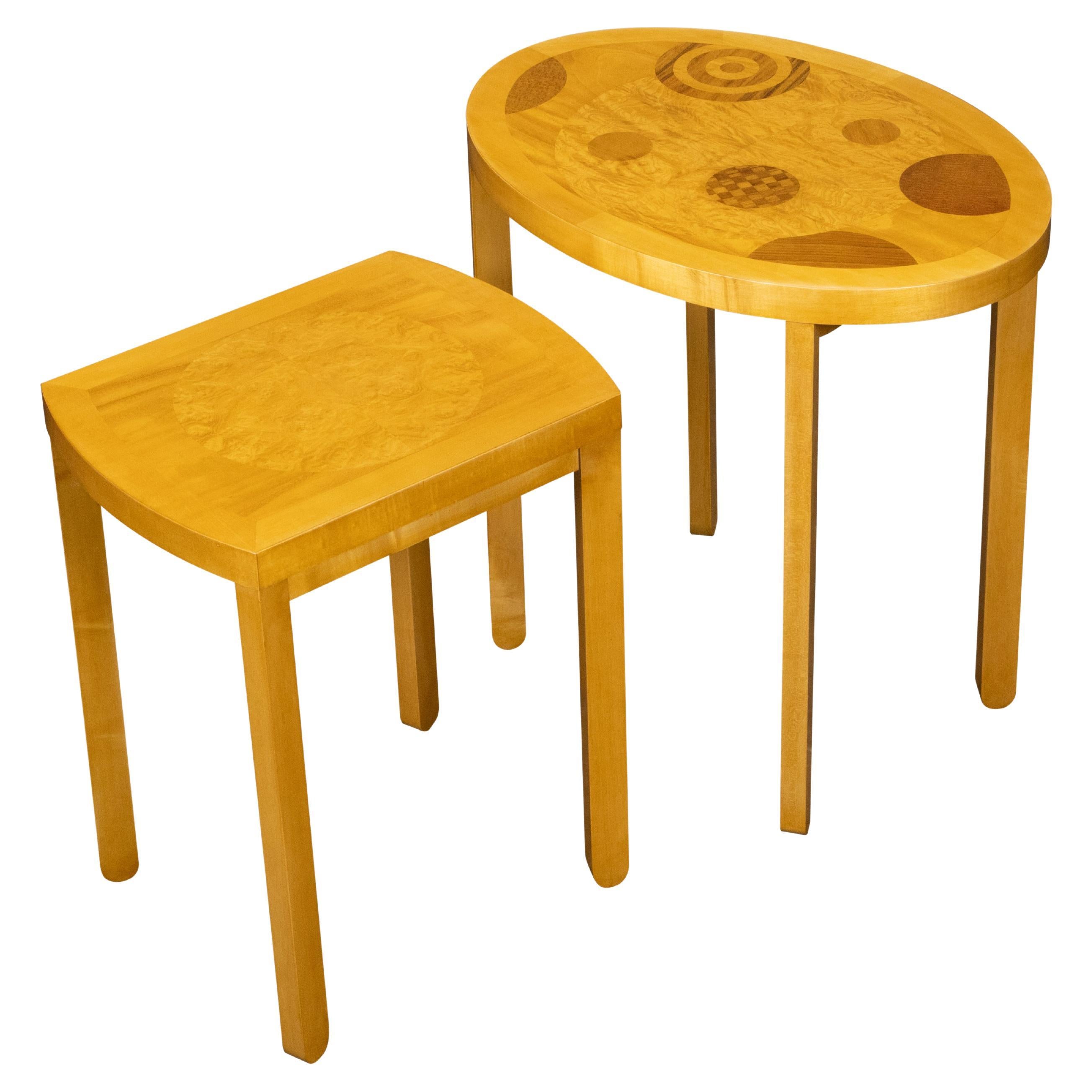 Baker Furniture Art Deco Style Nesting Tables with Whimsical Geometric Motifs