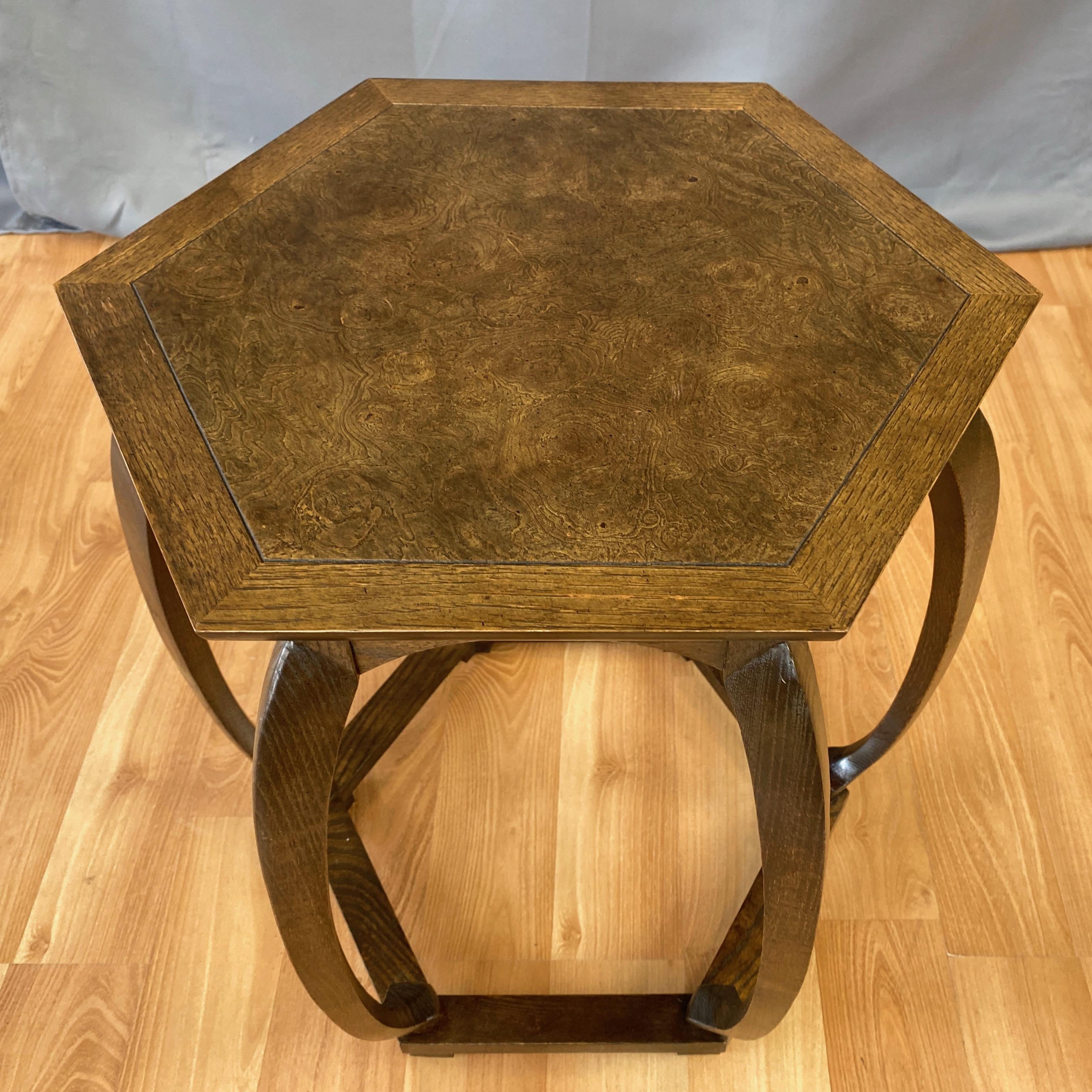 Chinoiserie Baker Furniture Asian-Inspired Burl Wood Top Hexagonal Side Table, 1960s