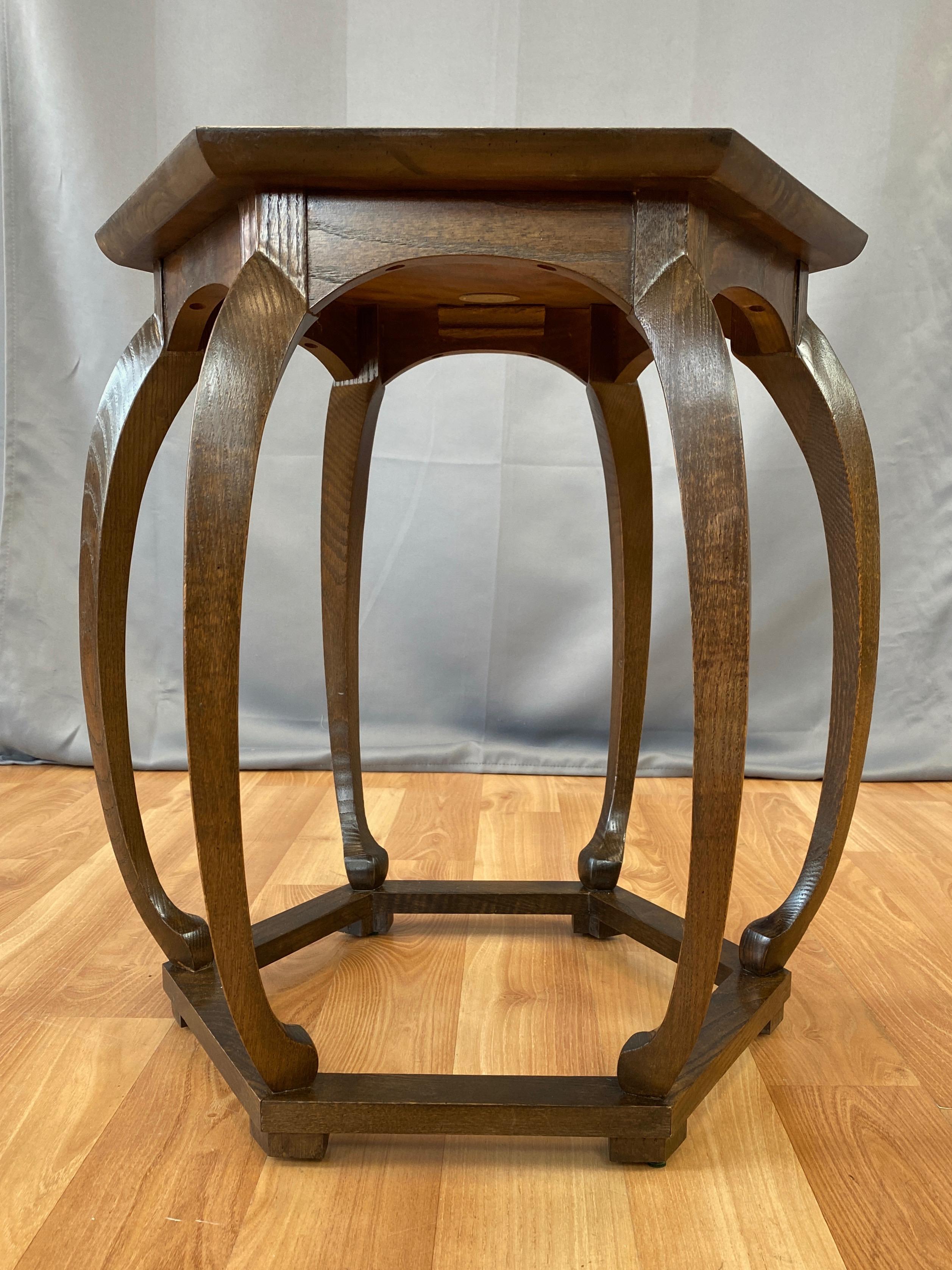 American Baker Furniture Asian-Inspired Burl Wood Top Hexagonal Side Table, 1960s