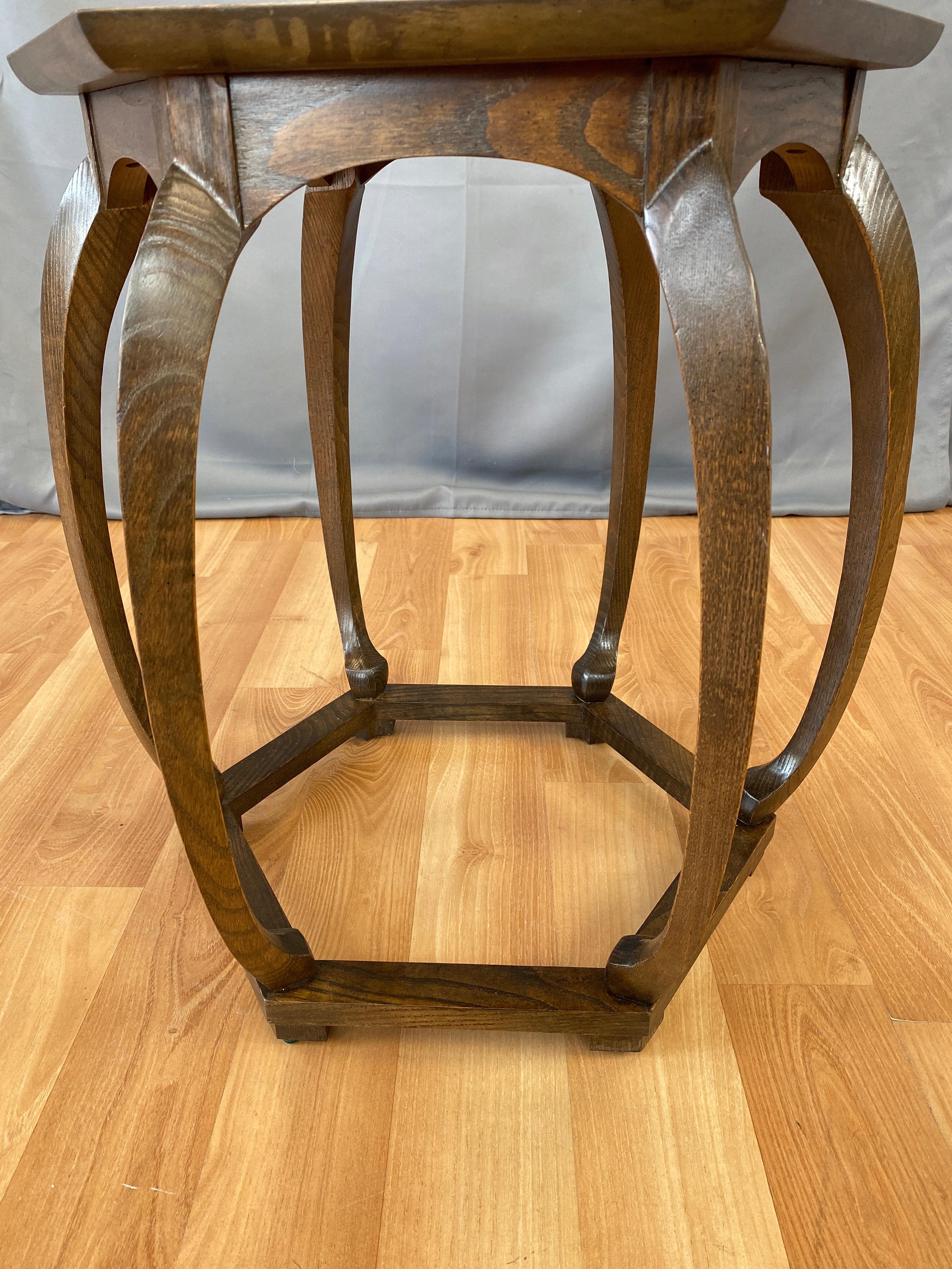 Veneer Baker Furniture Asian-Inspired Burl Wood Top Hexagonal Side Table, 1960s