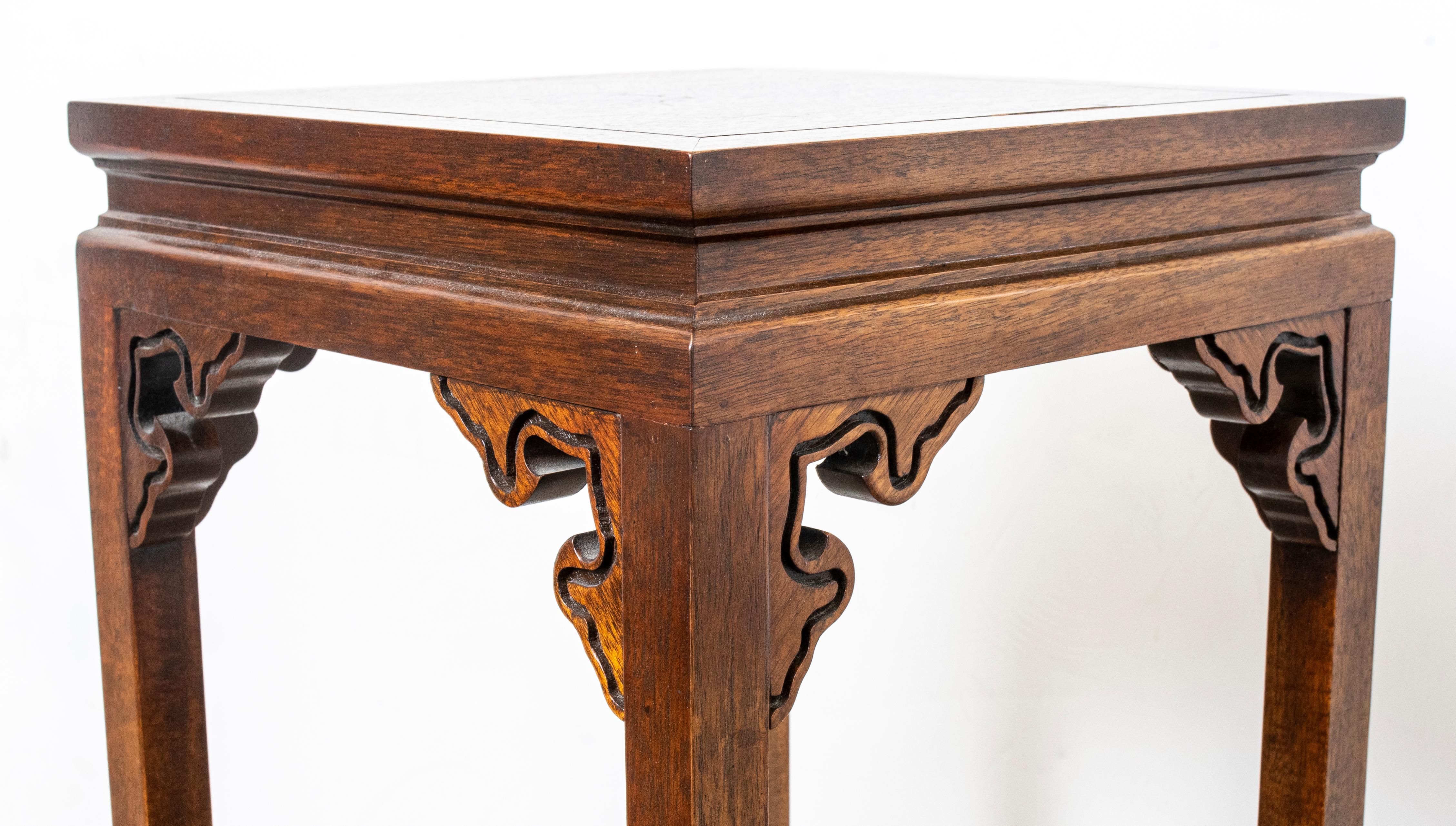Baker Furniture Asian manner carved wood pedestal table with square top, makers mark on bottom. Measures: 32