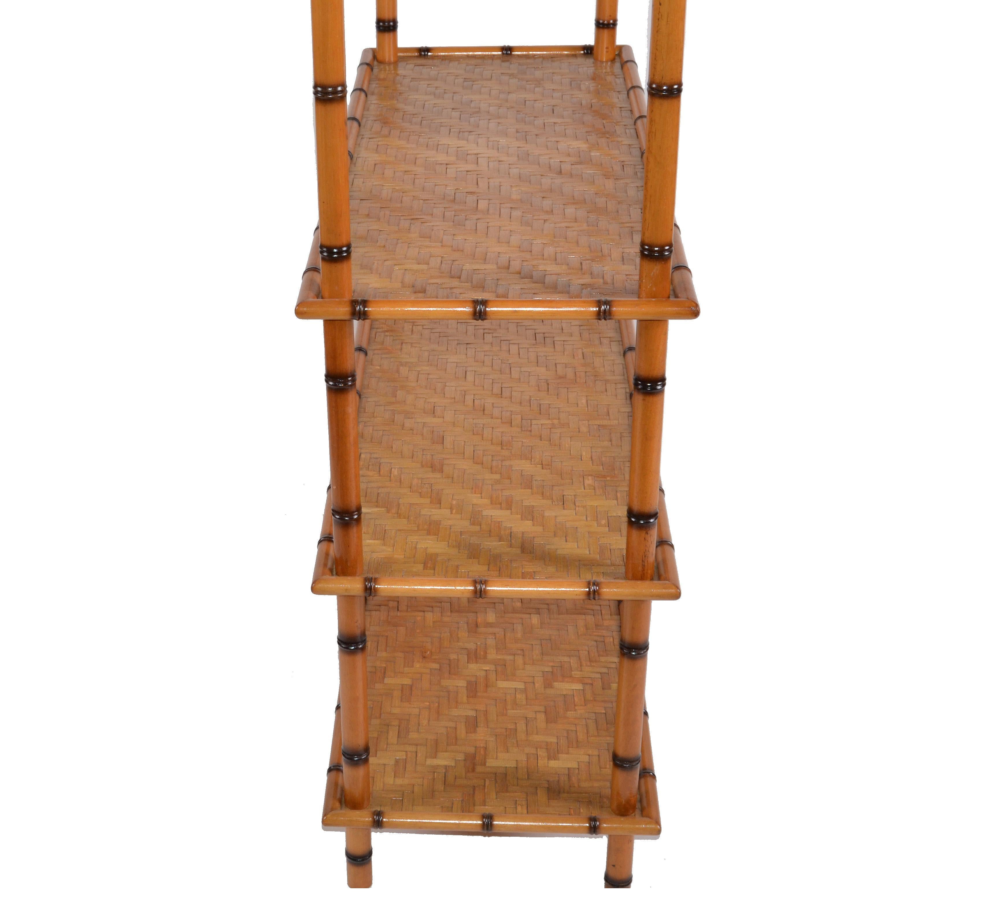 Baker Furniture Attributed Mid-Century Modern 5-Tier Bamboo and Rattan Bookshelf 5
