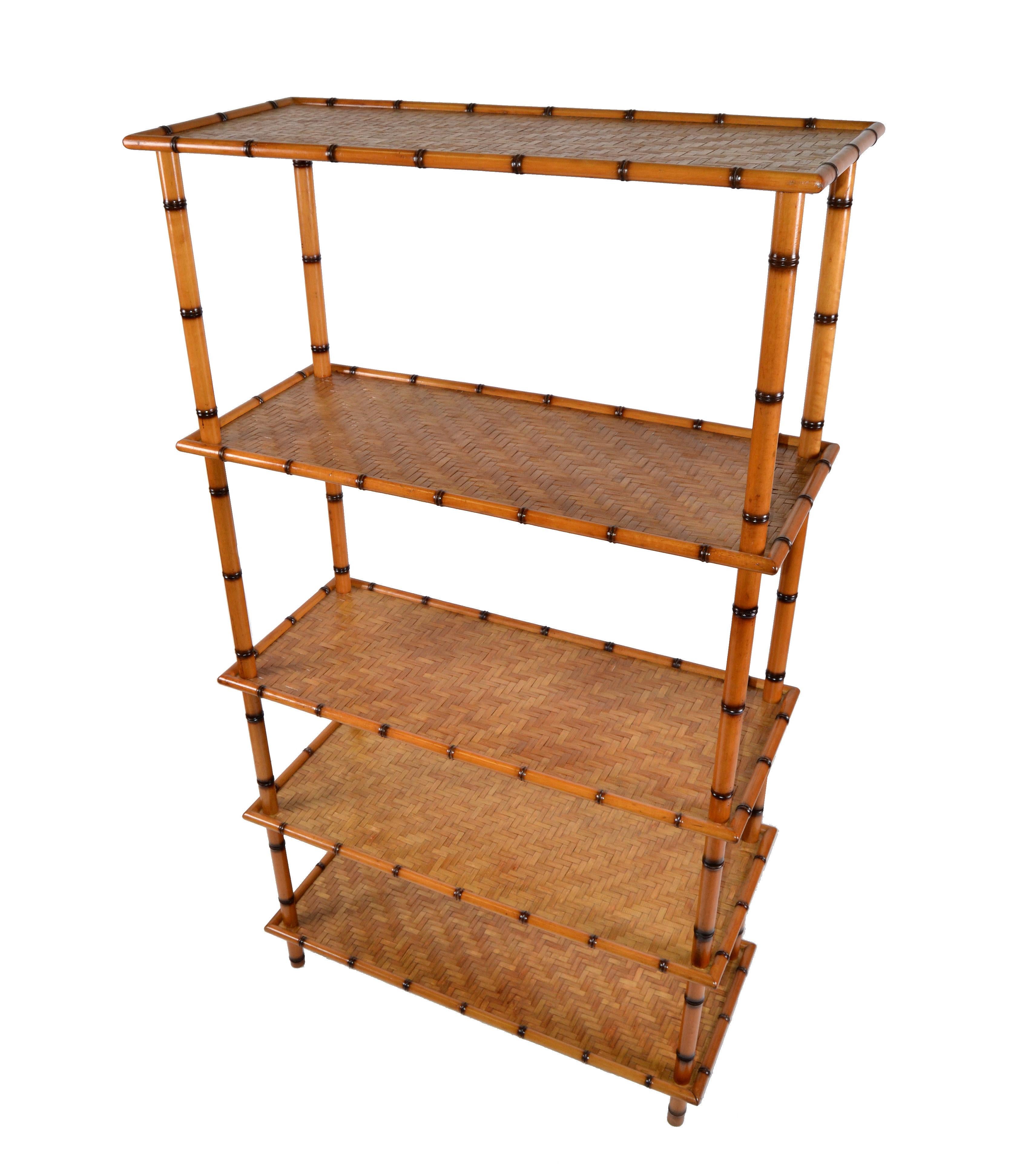 Baker Furniture Attributed Mid-Century Modern 5-Tier Bamboo and Rattan Bookshelf 6