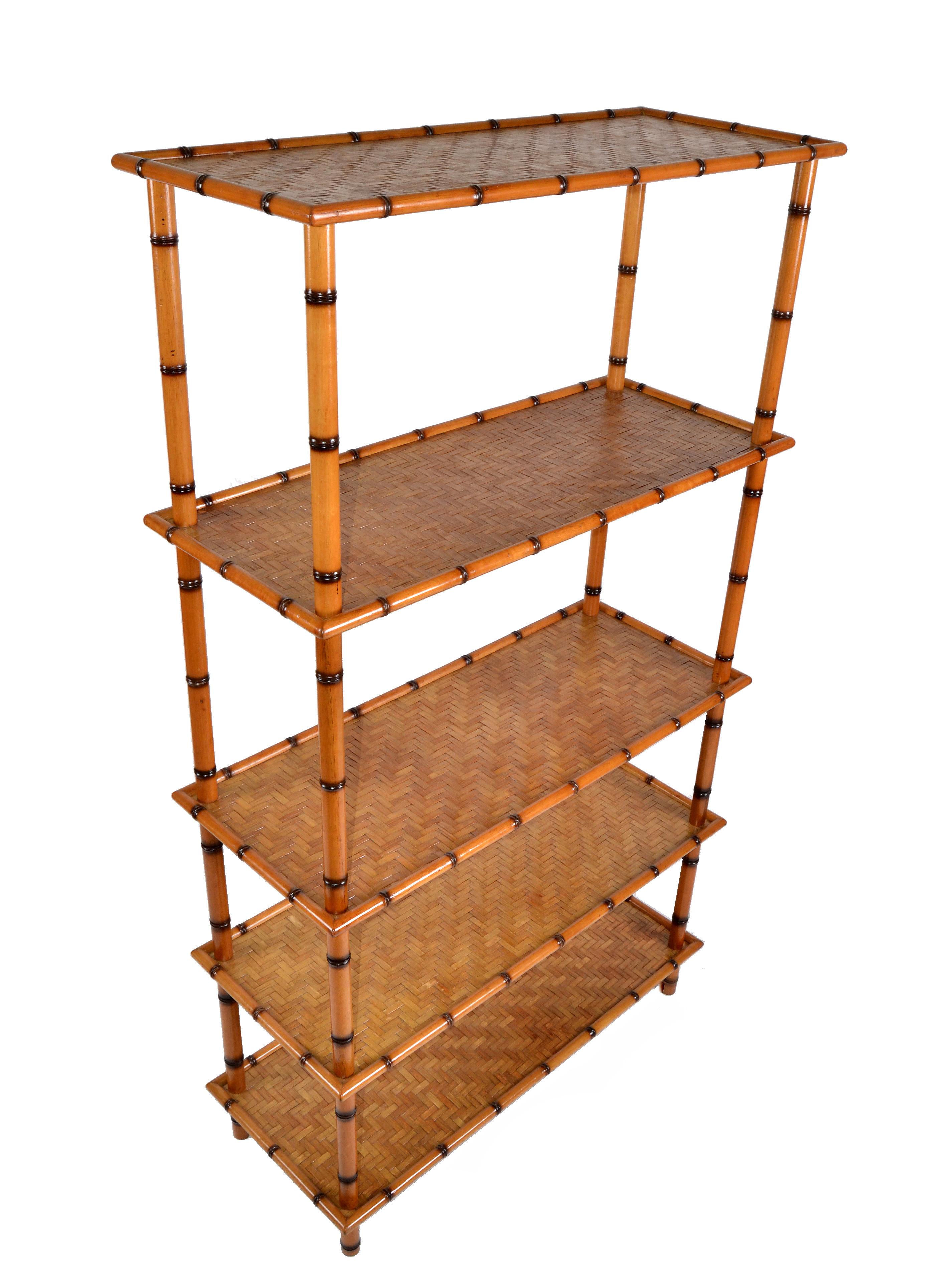 Mid-Century Modern 5-tier stunning bamboo room divider, storage shelf or book shelf with 5 handwoven cane shelves.
The bamboo has an incredible grain pattern and the cane shelves are sealed for daily use.
Can be used as room divider, storage shelf