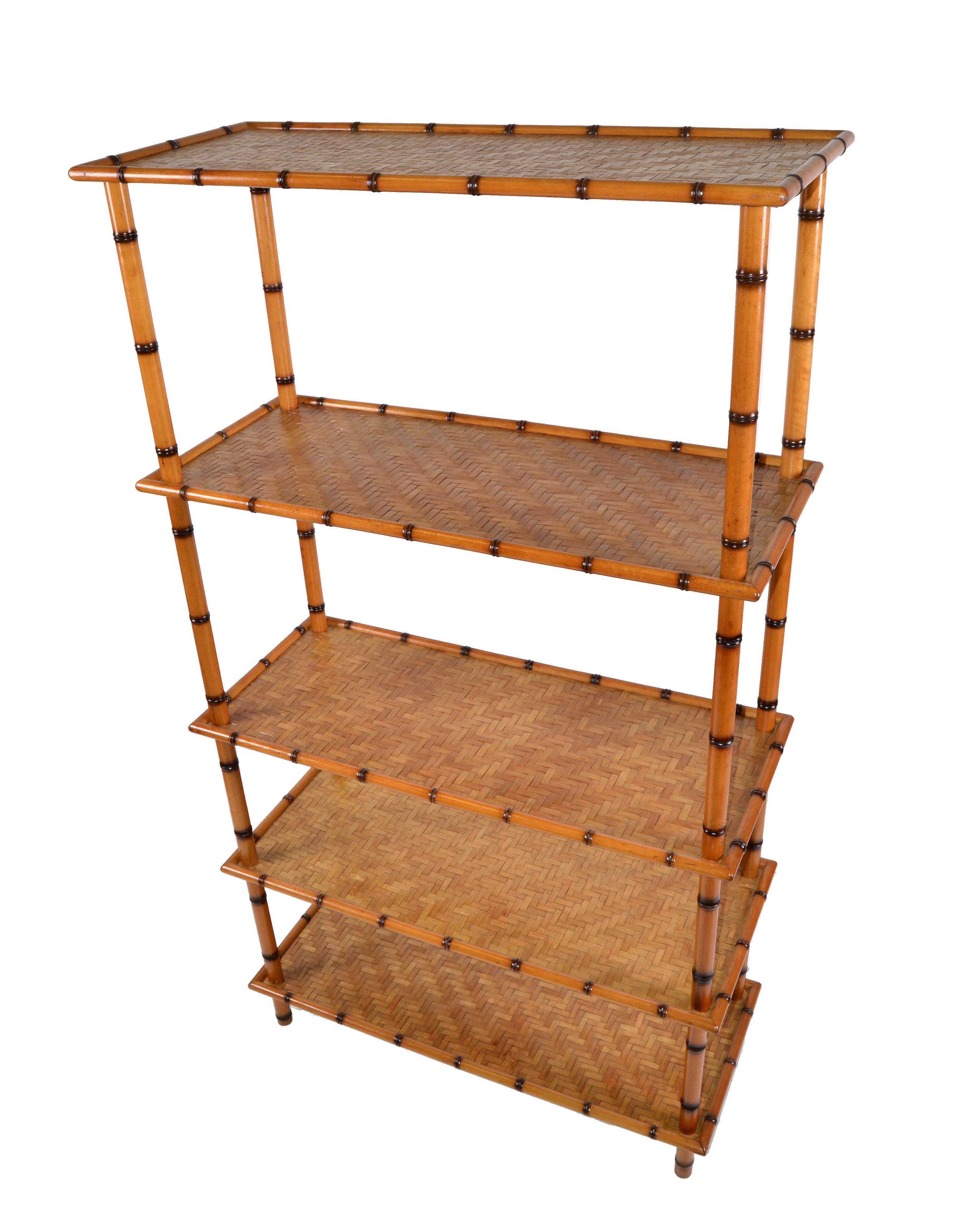 American Baker Furniture Attributed Mid-Century Modern 5-Tier Bamboo and Rattan Bookshelf