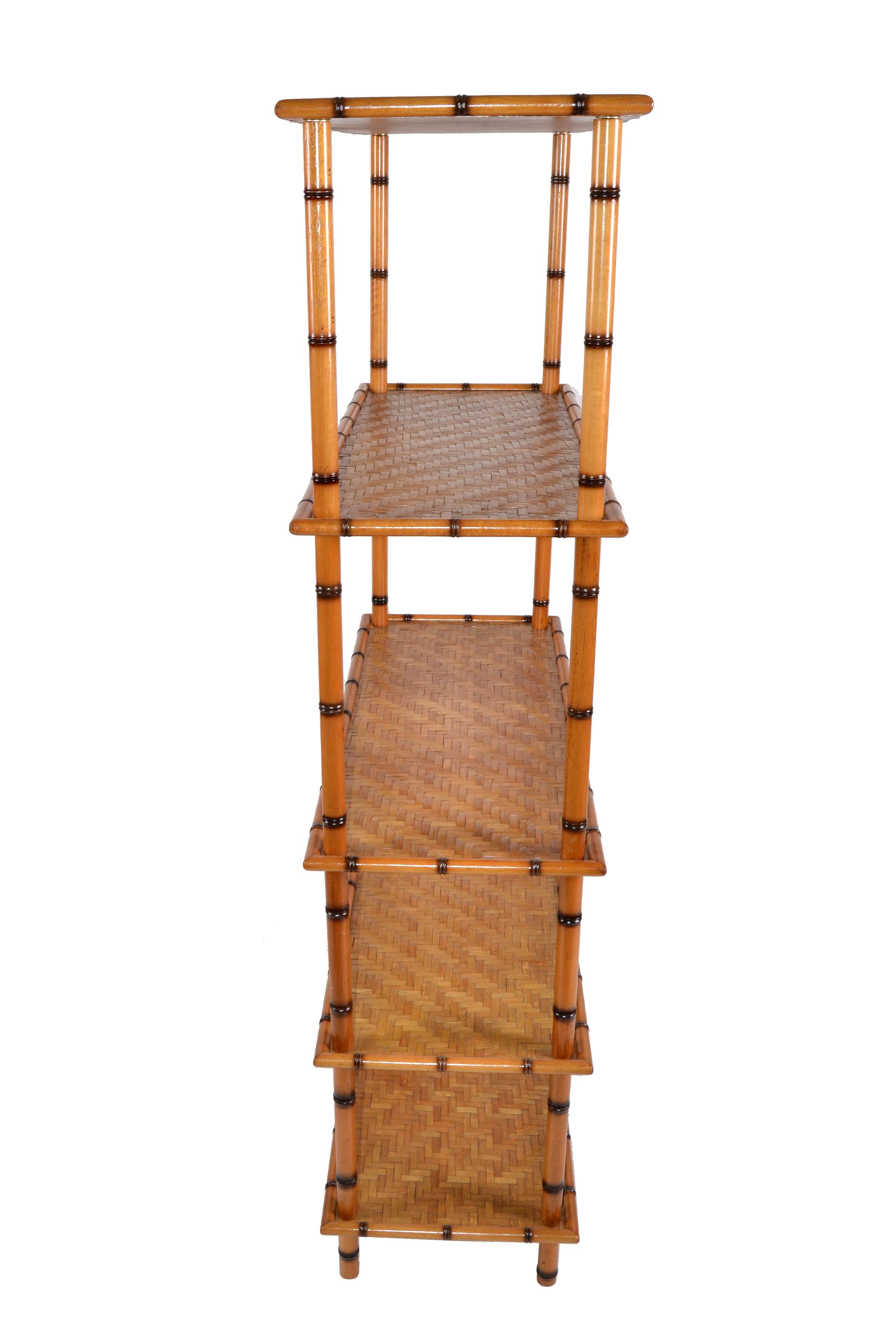 Hand-Crafted Baker Furniture Attributed Mid-Century Modern 5-Tier Bamboo and Rattan Bookshelf