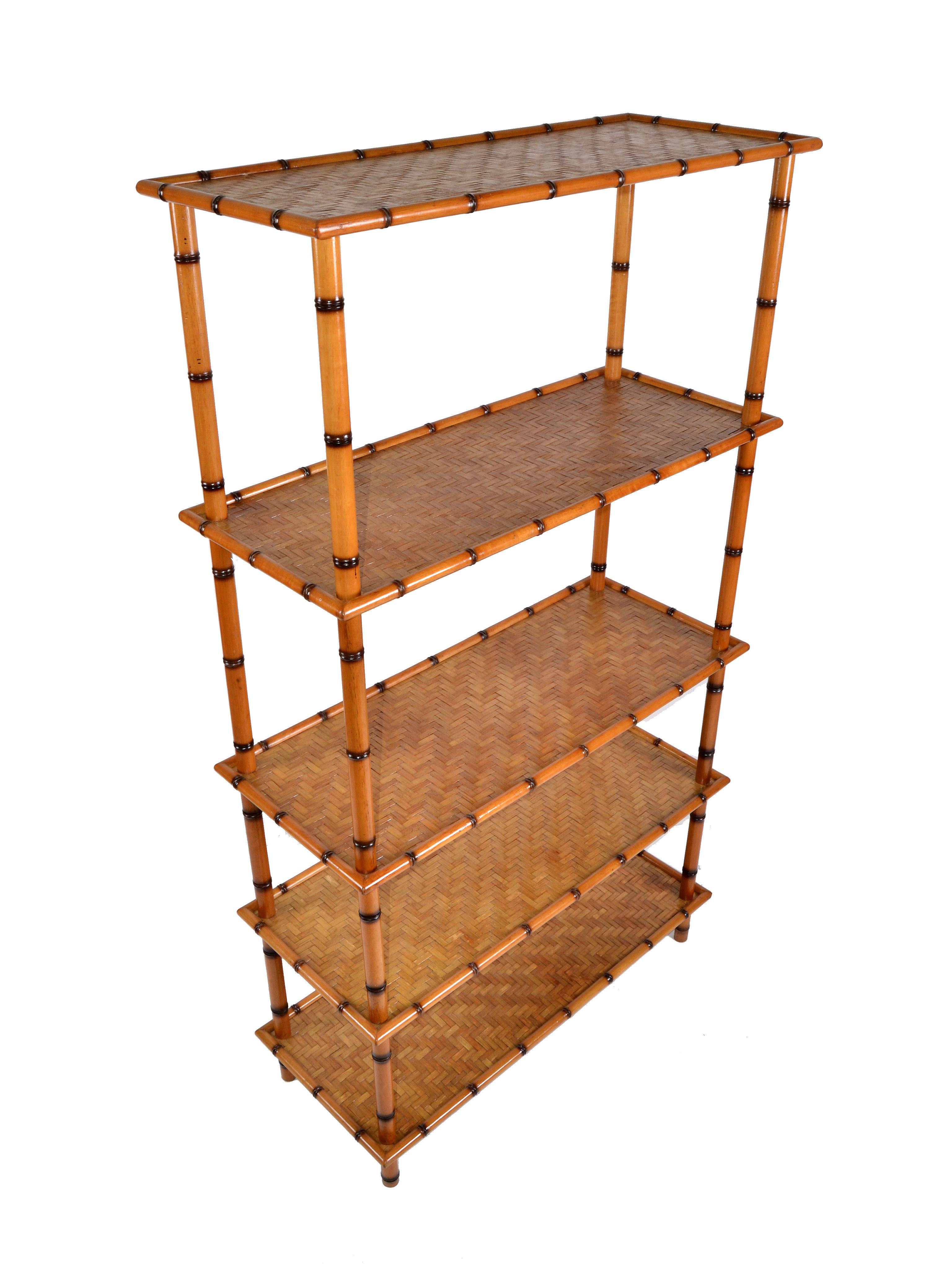 Baker Furniture Attributed Mid-Century Modern 5-Tier Bamboo and Rattan Bookshelf In Good Condition In Miami, FL