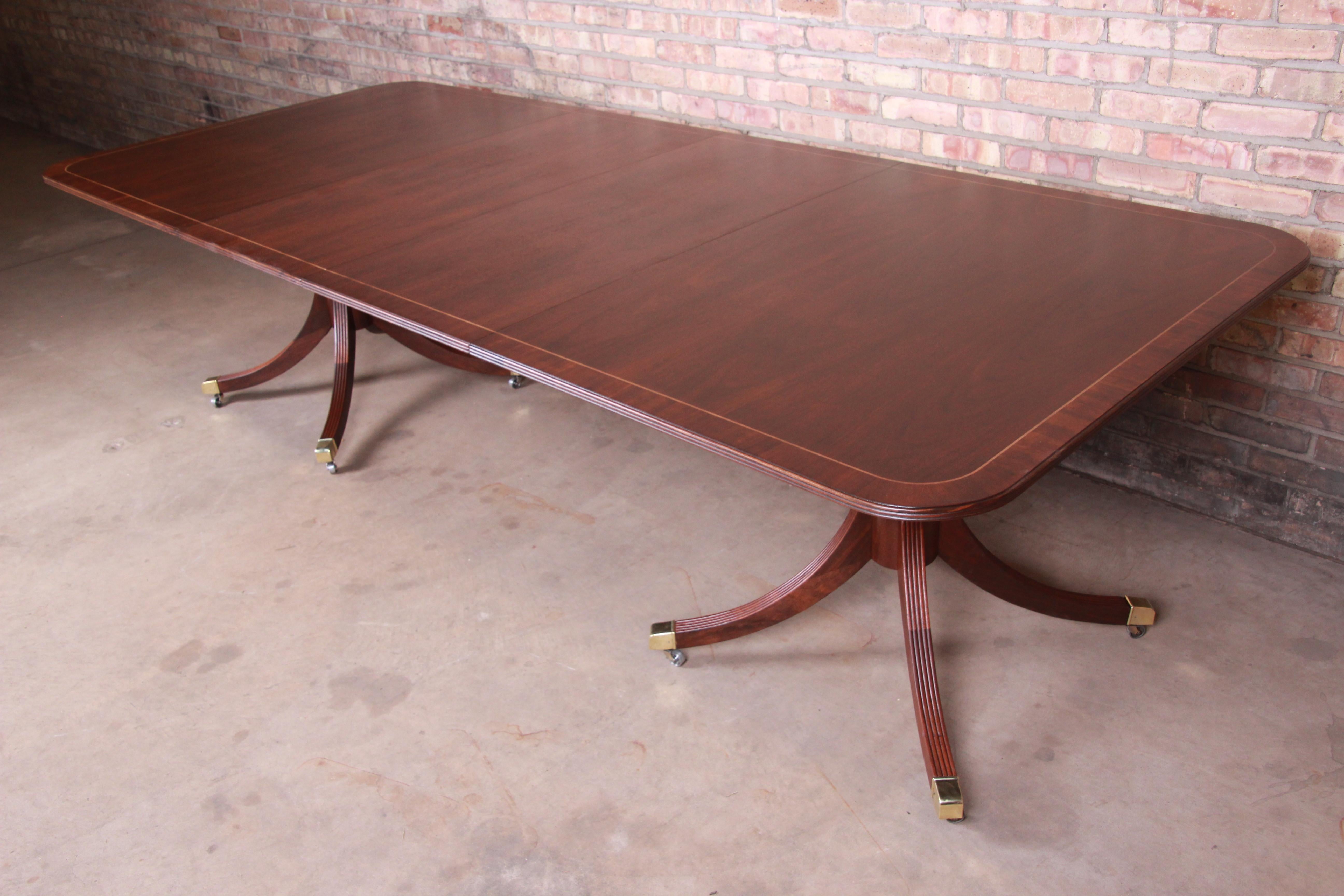 Georgian Baker Furniture Banded Mahogany Double Pedestal Dining Table, Newly Refinished