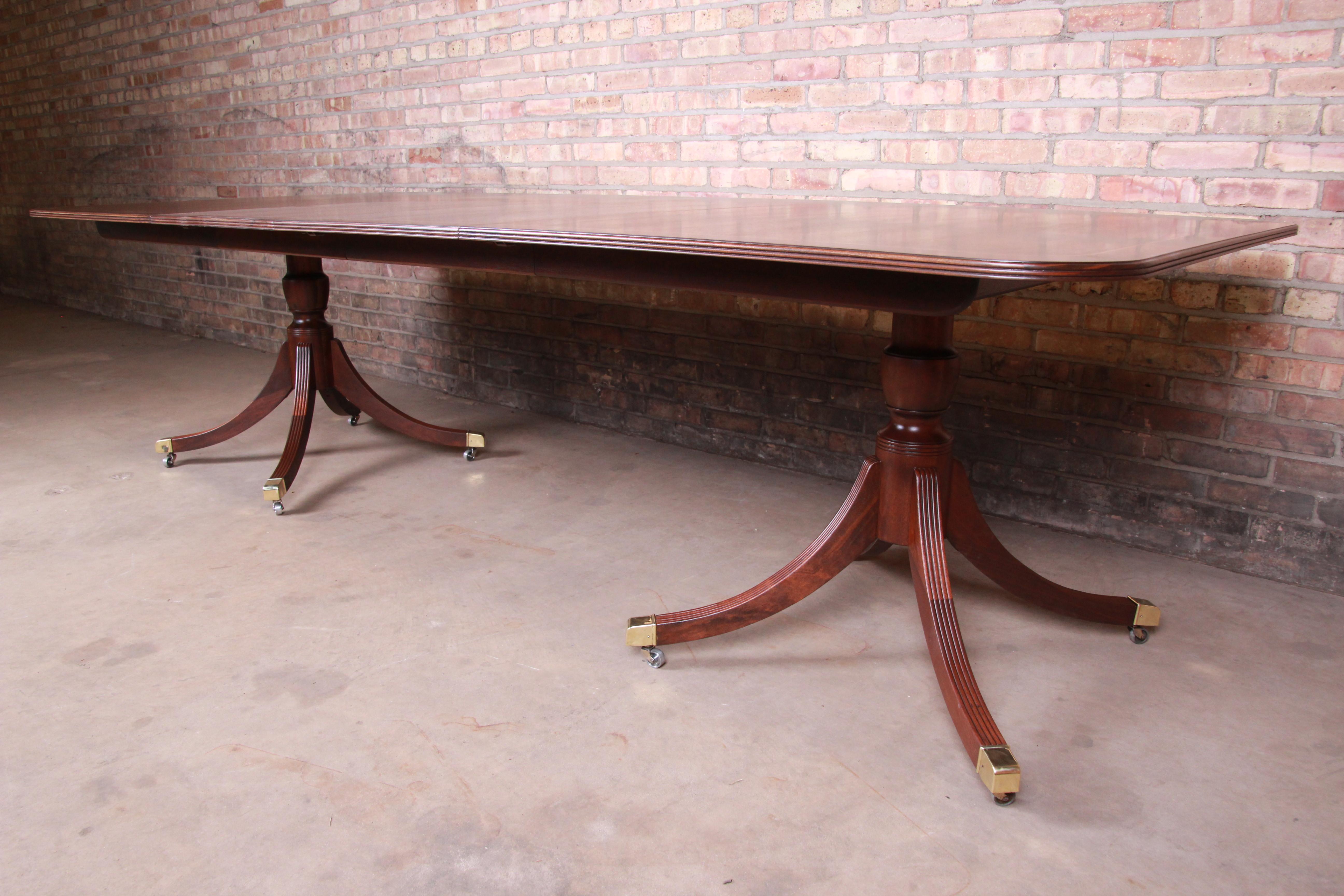 American Baker Furniture Banded Mahogany Double Pedestal Dining Table, Newly Refinished