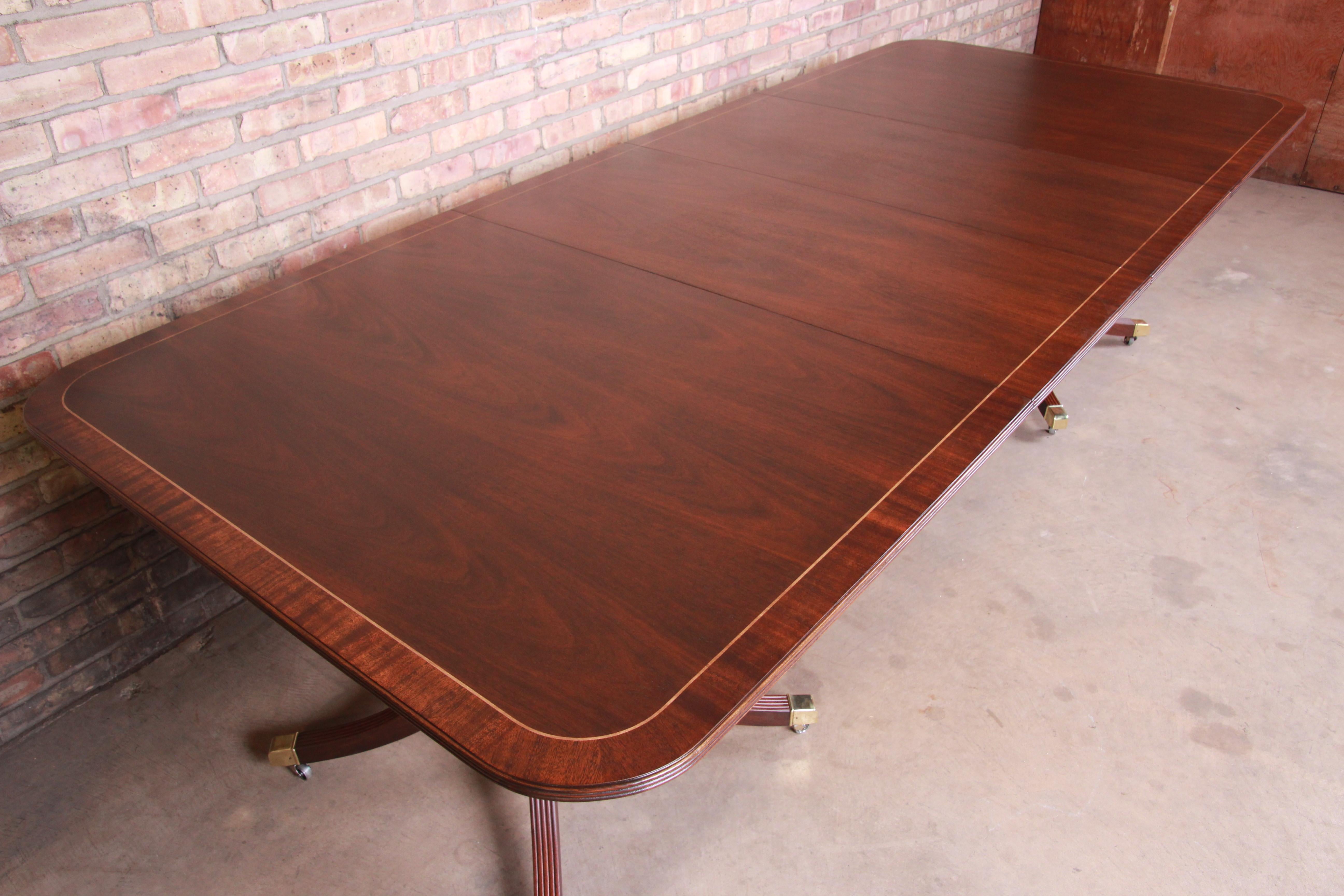 20th Century Baker Furniture Banded Mahogany Double Pedestal Dining Table, Newly Refinished