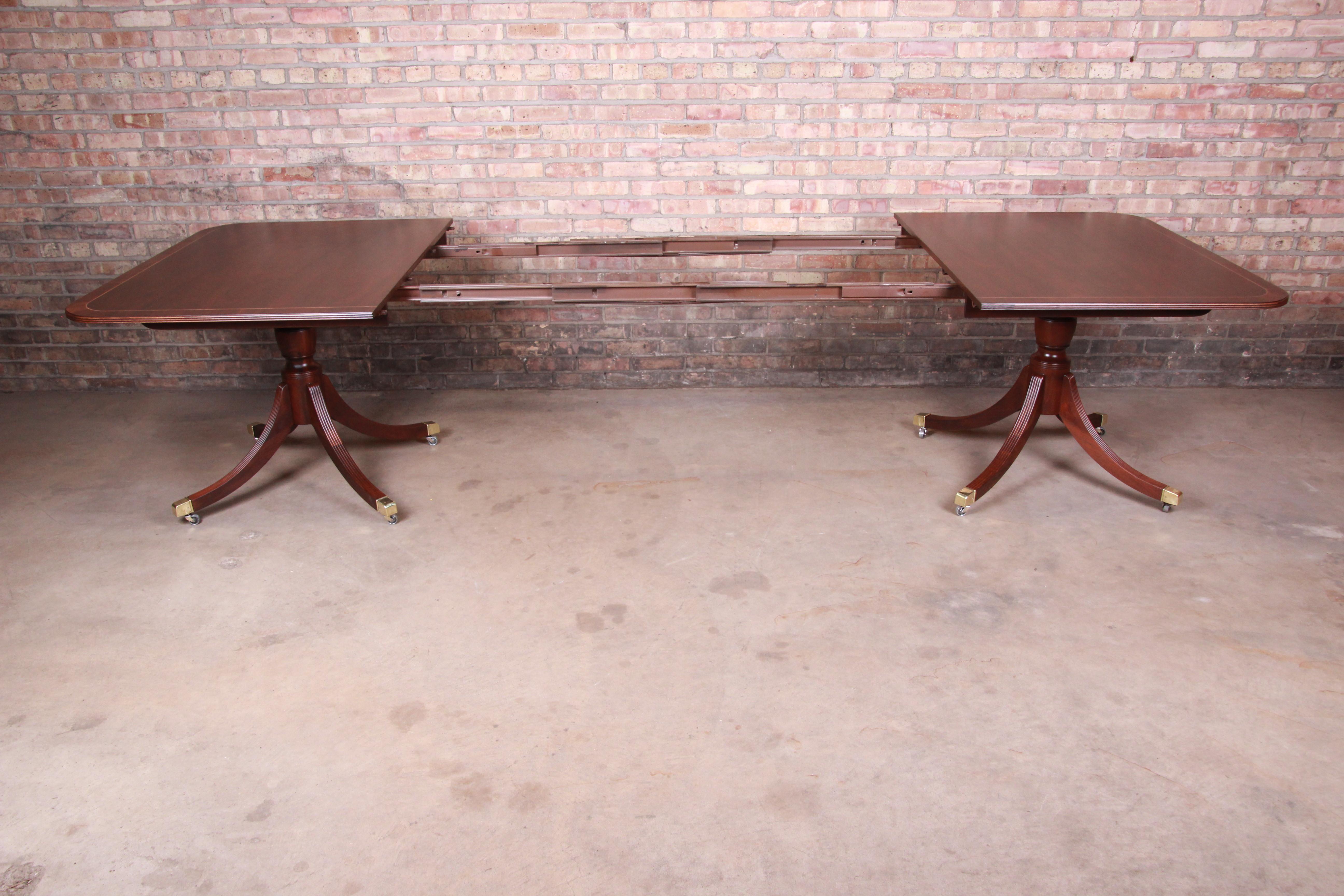 Brass Baker Furniture Banded Mahogany Double Pedestal Dining Table, Newly Refinished