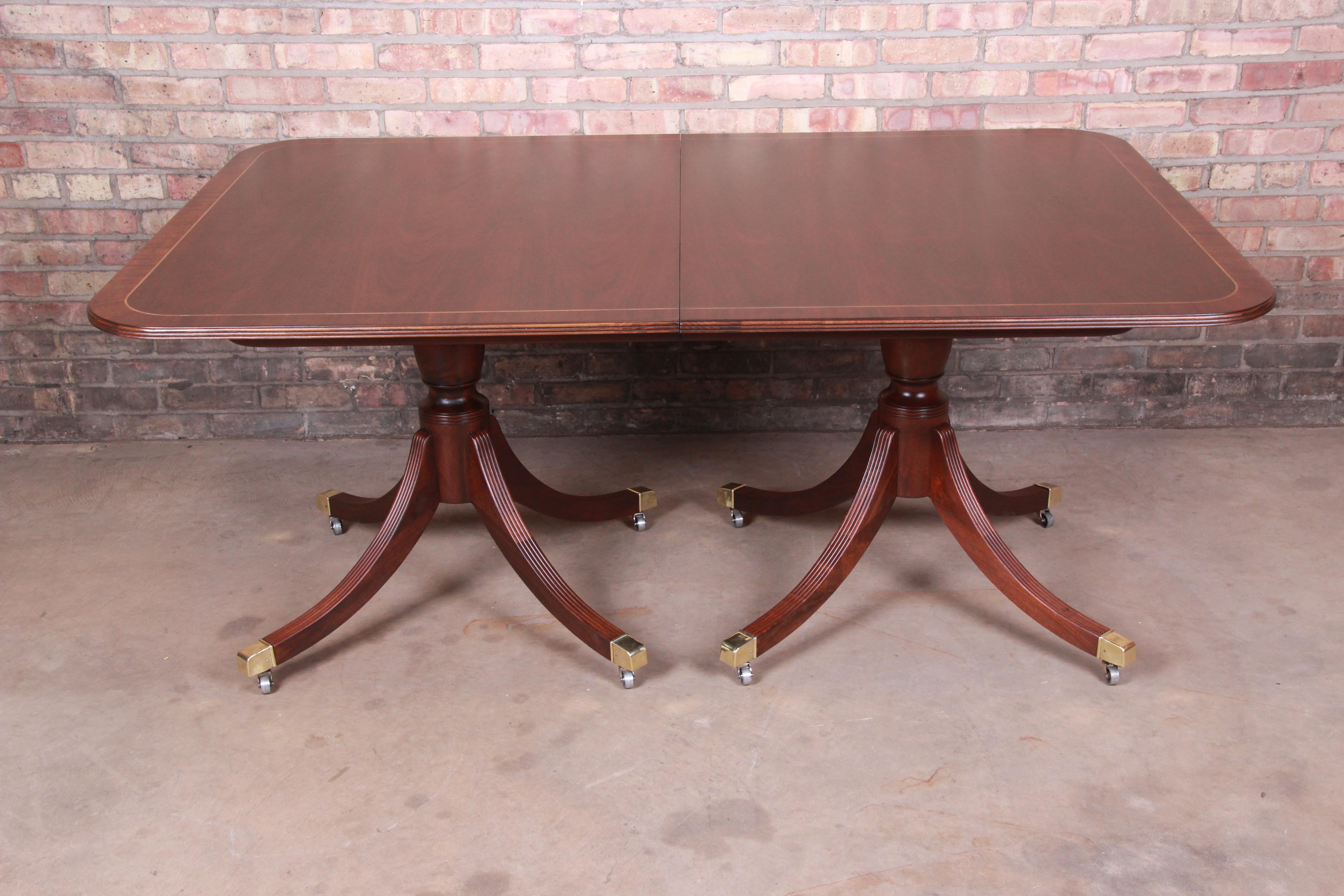 Baker Furniture Banded Mahogany Double Pedestal Dining Table, Newly Refinished 1