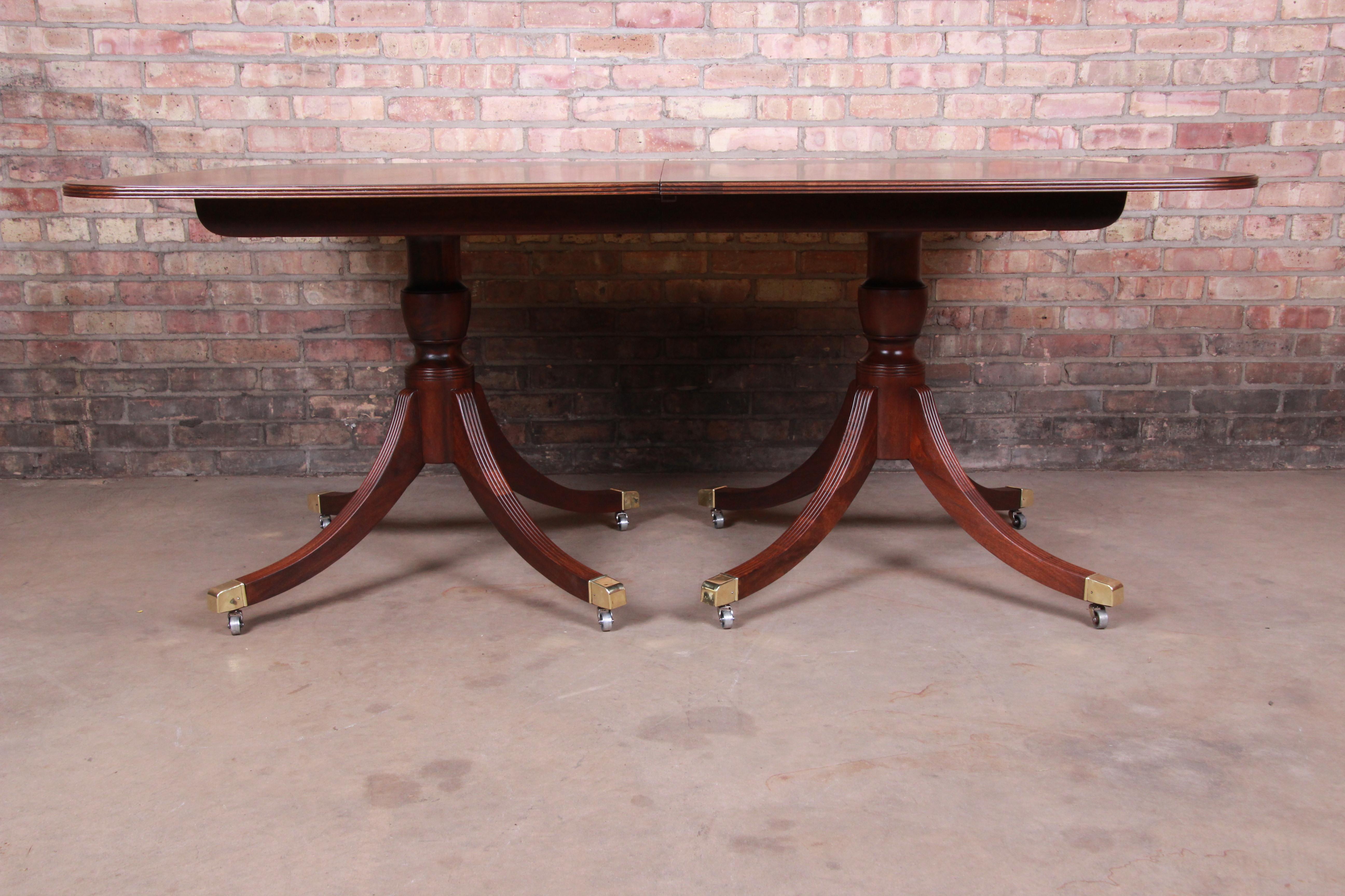 Baker Furniture Banded Mahogany Double Pedestal Dining Table, Newly Refinished 2