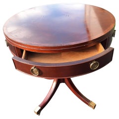 Baker Furniture Banded Mahogany Pedestal Drum Table w/ Custom Beveled Glass Top