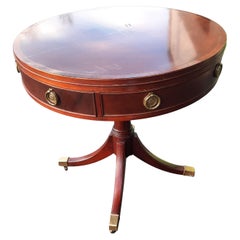 Antique Baker Furniture Banded Mahogany Pedestal Drum Table w/ Custom Beveled Glass Top
