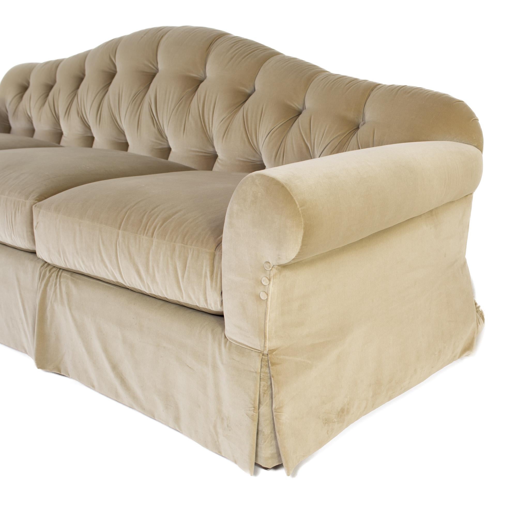 Contemporary Baker Furniture Beige Tufted Chesterfield Velvet Sofa