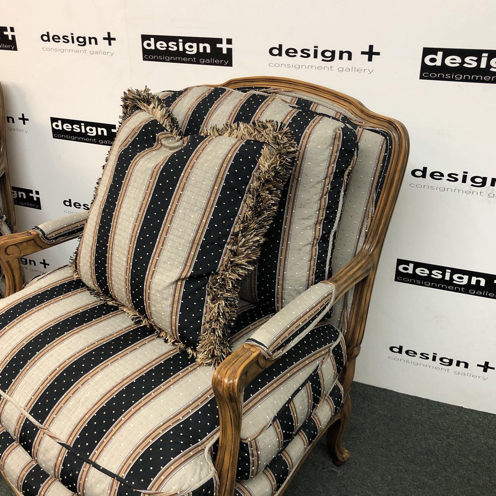 A pair of Bergere chairs from Baker Furniture. Upholstered in a bold contrasting stripe, the antique-oak finished framed pair exude elegance. Cushions and decor pillows are down filled.
Orig. Price $3,200
Ah 23.50
Sh 20.50.
