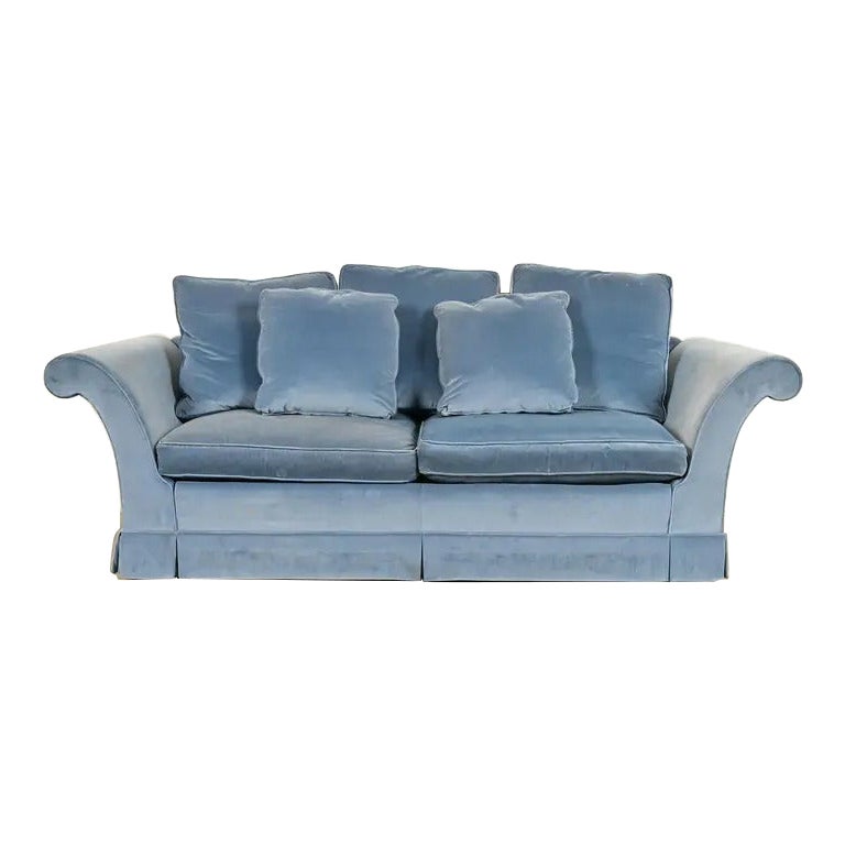 Baker Furniture Blue Velvet Upholstered Roll Arm Sofa For Sale
