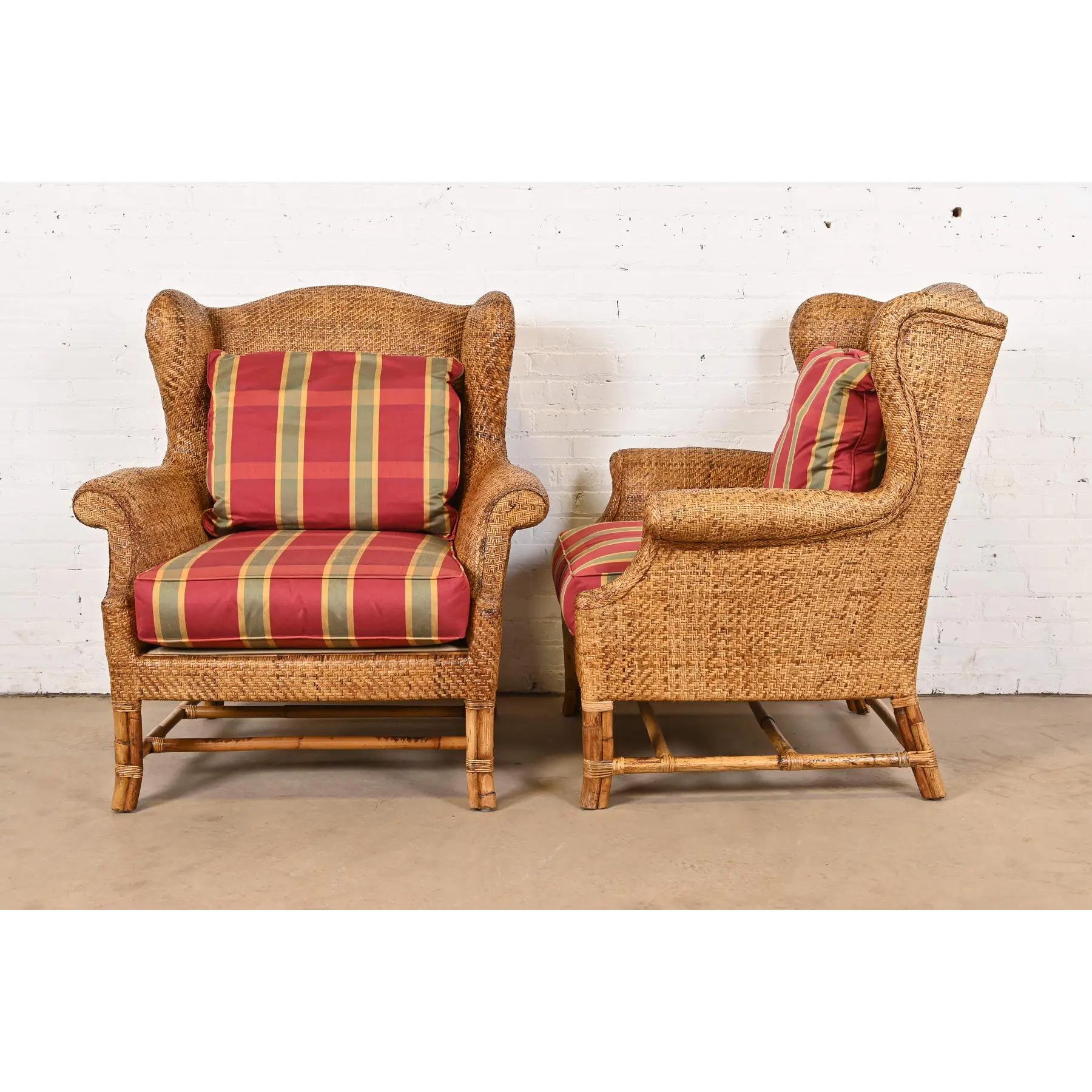 Baker Furniture British Colonial Bamboo Rattan Wingback Lounge Chairs, Pair 4