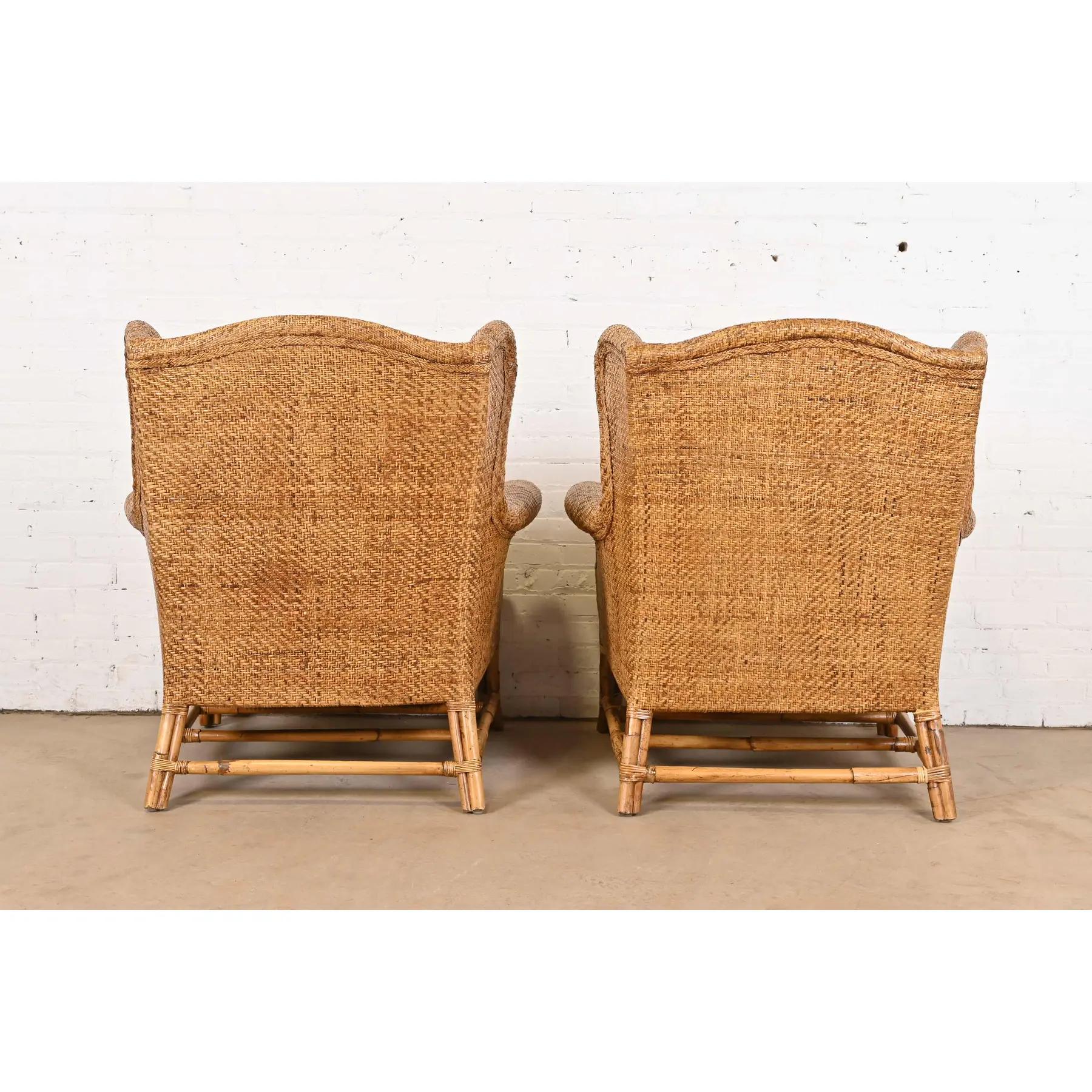 Baker Furniture British Colonial Bamboo Rattan Wingback Lounge Chairs, Pair 5