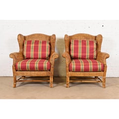 Baker Furniture British Colonial Bamboo Rattan Wingback Lounge Chairs, coppia